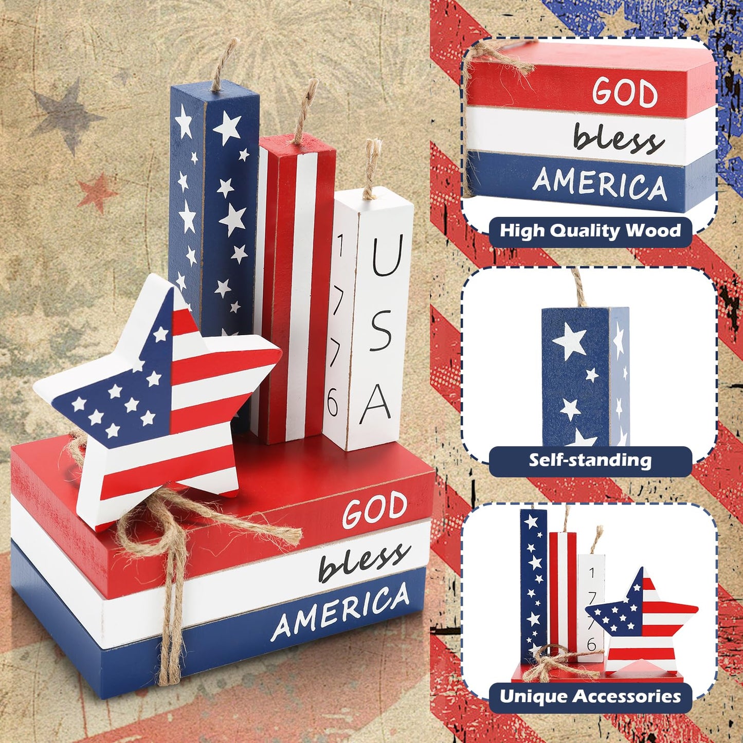 4th of July Decorations, 7 Pcs Patriotic Table Centerpieces Fourth of July Tabletop Decor Wood Faux Book Stack Star Sign Firecracker Farmhouse Decor for Tiered Tray Home Office Shelf Mantel