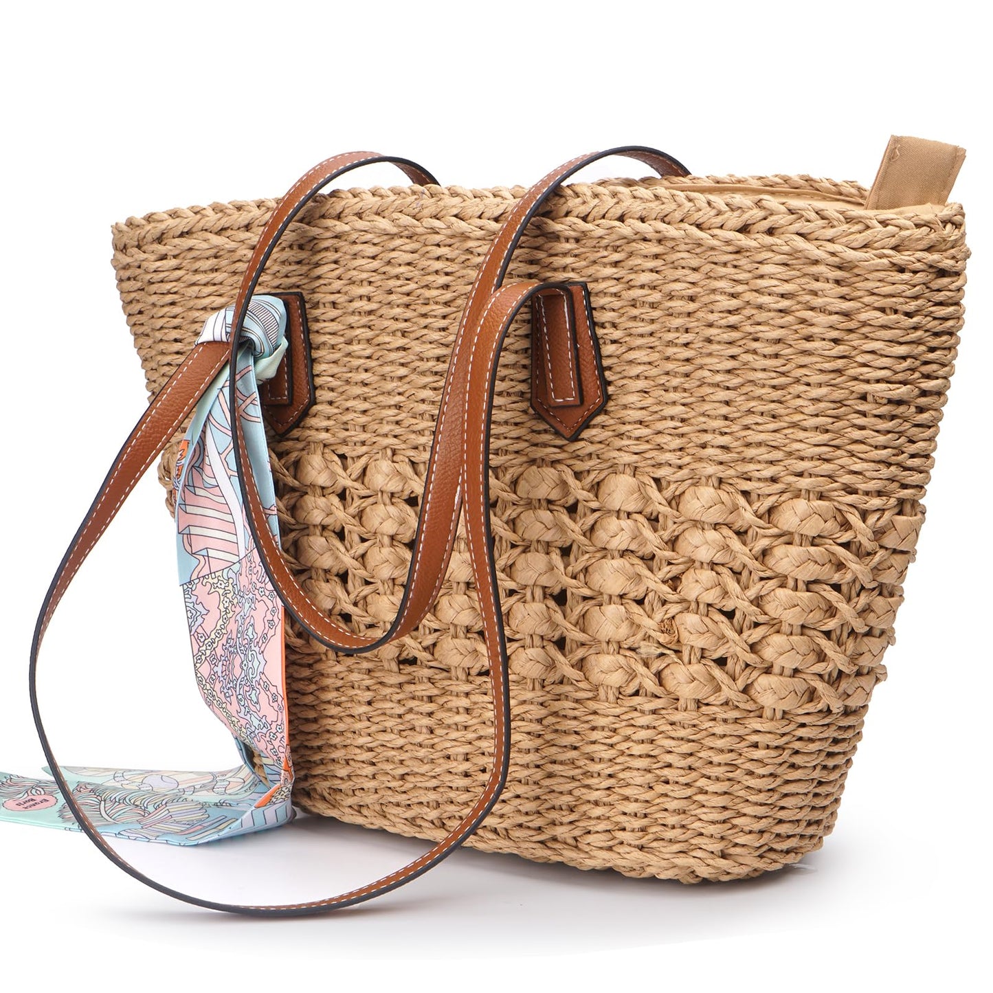 Aodse Beach Bags for Women, Summer Straw Beach Bag with Zipper Pocket, Durable Straw Tote Bag Shoulder Handbags for Beach, Travel, Vacation, Shopping （Khaki）