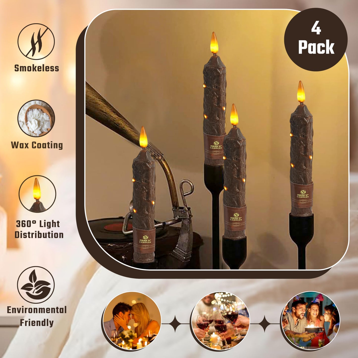 XINAOBAOLUO 6.5 inch Flameless Brown Taper Candles Flickering with 10-Key Remote, Battery Operated Led Warm 3D Wick Light Window Candles Real Wax Pack of 4, Christmas Home Wedding Decor