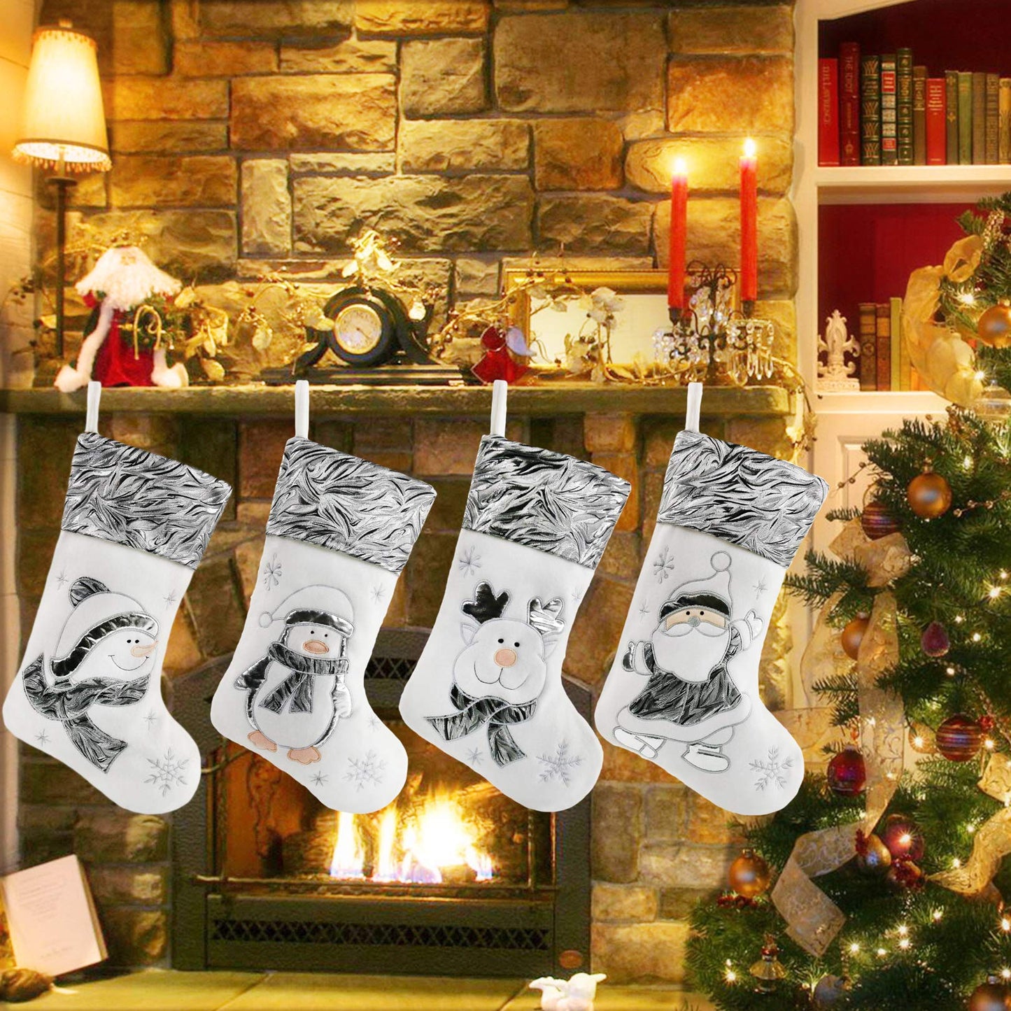 BSTAOFY Christmas Stockings Set of 4 Soft Non-Woven Patterned Santa Claus Animals Socks for Assorted Xmas Tree Hanging Decor Party Ornaments Gifts Kids, Silver