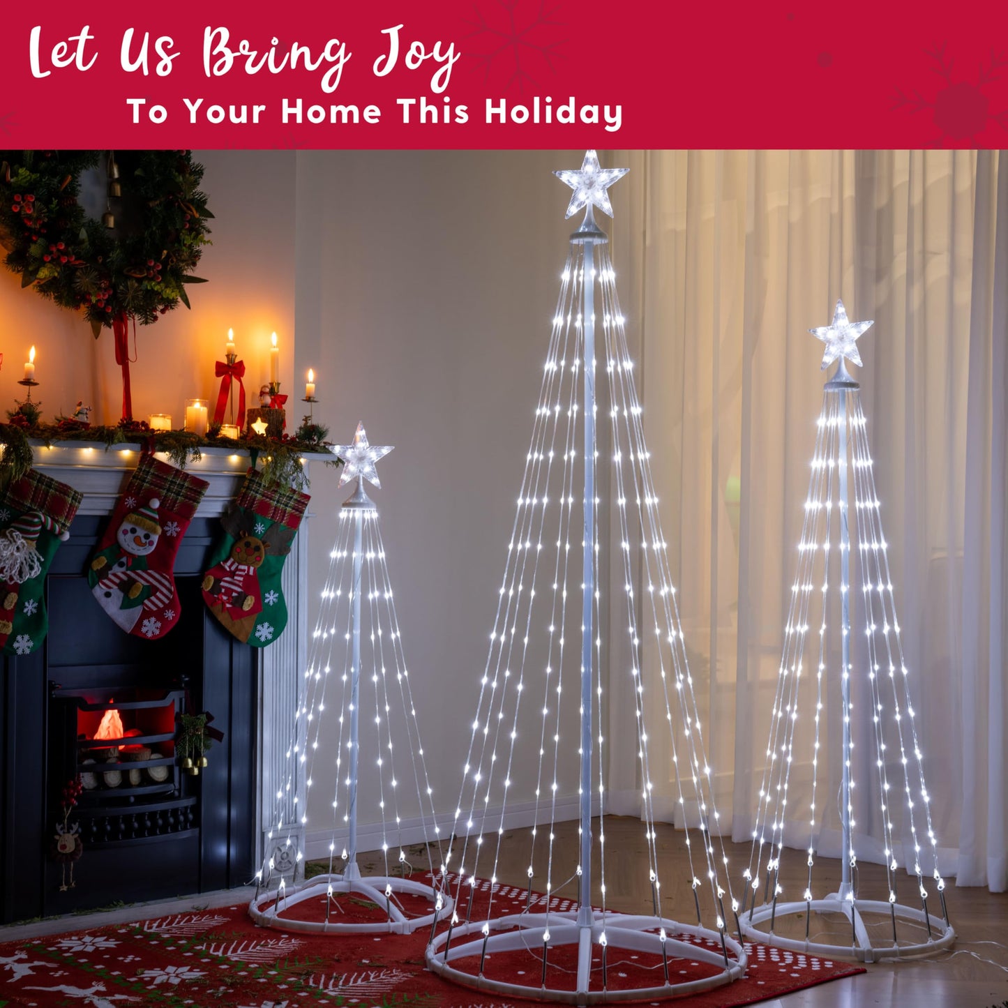 JOYIN 3 Pack LED Christmas Cone Tree Lights, 4FT 5FT 6FT Outdoor Lighted Tree with 8 Lighting Modes & Star Topper, Christmas Decorations for Yard Porch Patio Garden Holiday Decor, Cool White