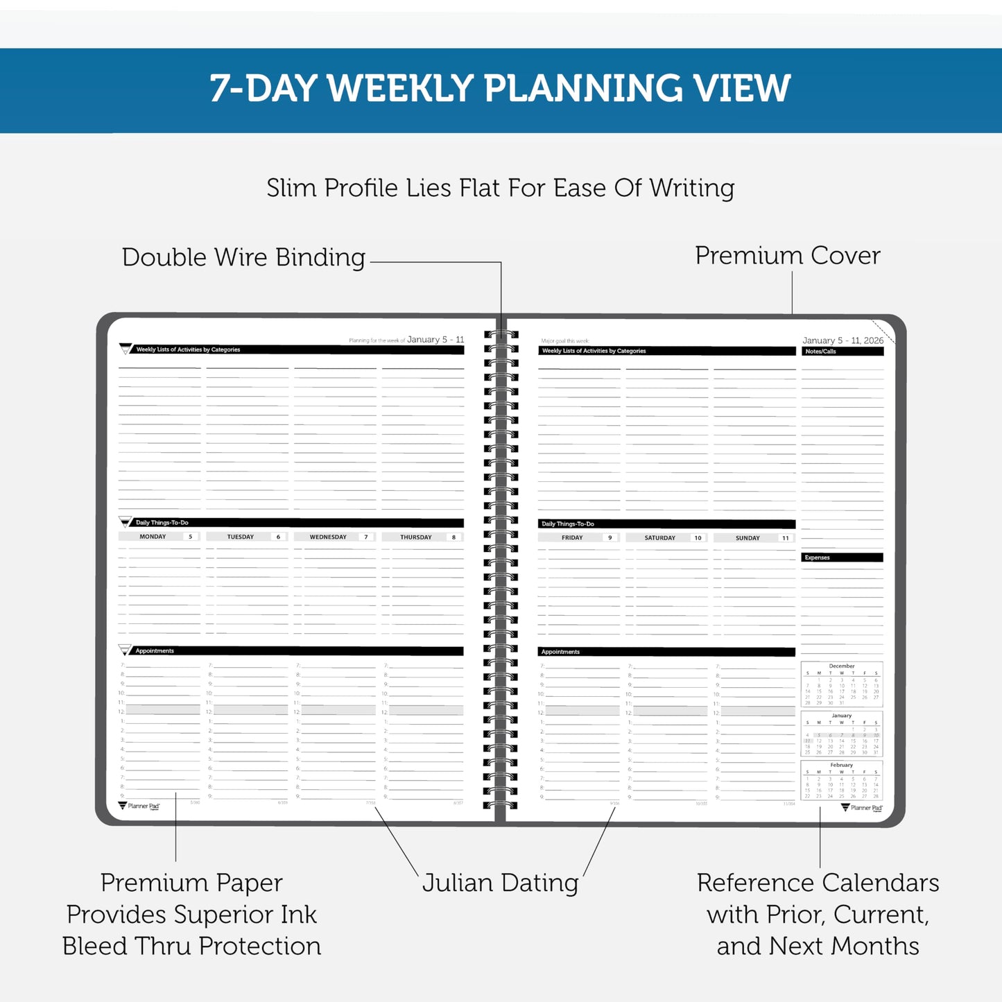 Planner Pad Spiral Bound January-December 2026/ Calendar Year 8 1/2" x 11" Large 3-Tier Funnel Down 12 Month Organizer, Black Cover/Black Ink