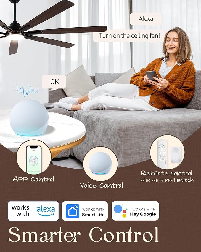 72" Large Smart Ceiling Fan with Light Remote Control via WiFi Alexa,6-Speeds Quiet DC Motor,Dimmable,Indoor Outdoor Black Ceiling Fan for Living Room,Patio,Dual Finish 7 Blades
