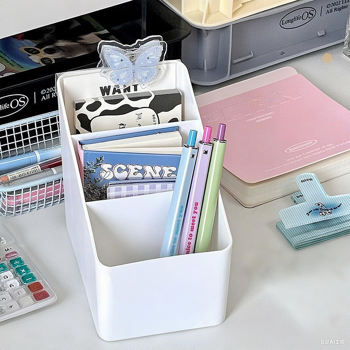 VANRIOS Cute Desk Organizer for College Dorm Room - 3-Tier Desktop Organizer White | Adorable Pen & Sticky Note Holder | Bedside Remote Control | Office Supplies Storage Caddy (Small Space-Saver)