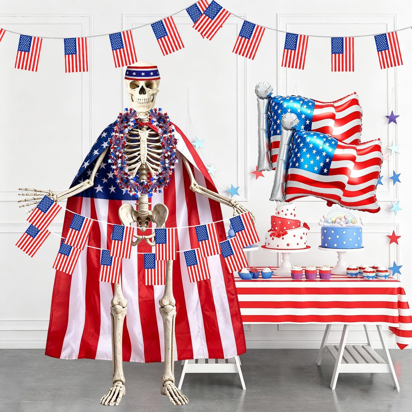DECYOOL 4th of July 12ft Skeleton Cloth Set USA Flag Costume Patriotic Skeleton Outfits Accessories Cape Headband Balloon Scarf Flag Banner for Garden Lawn Patio Independence Day Decor