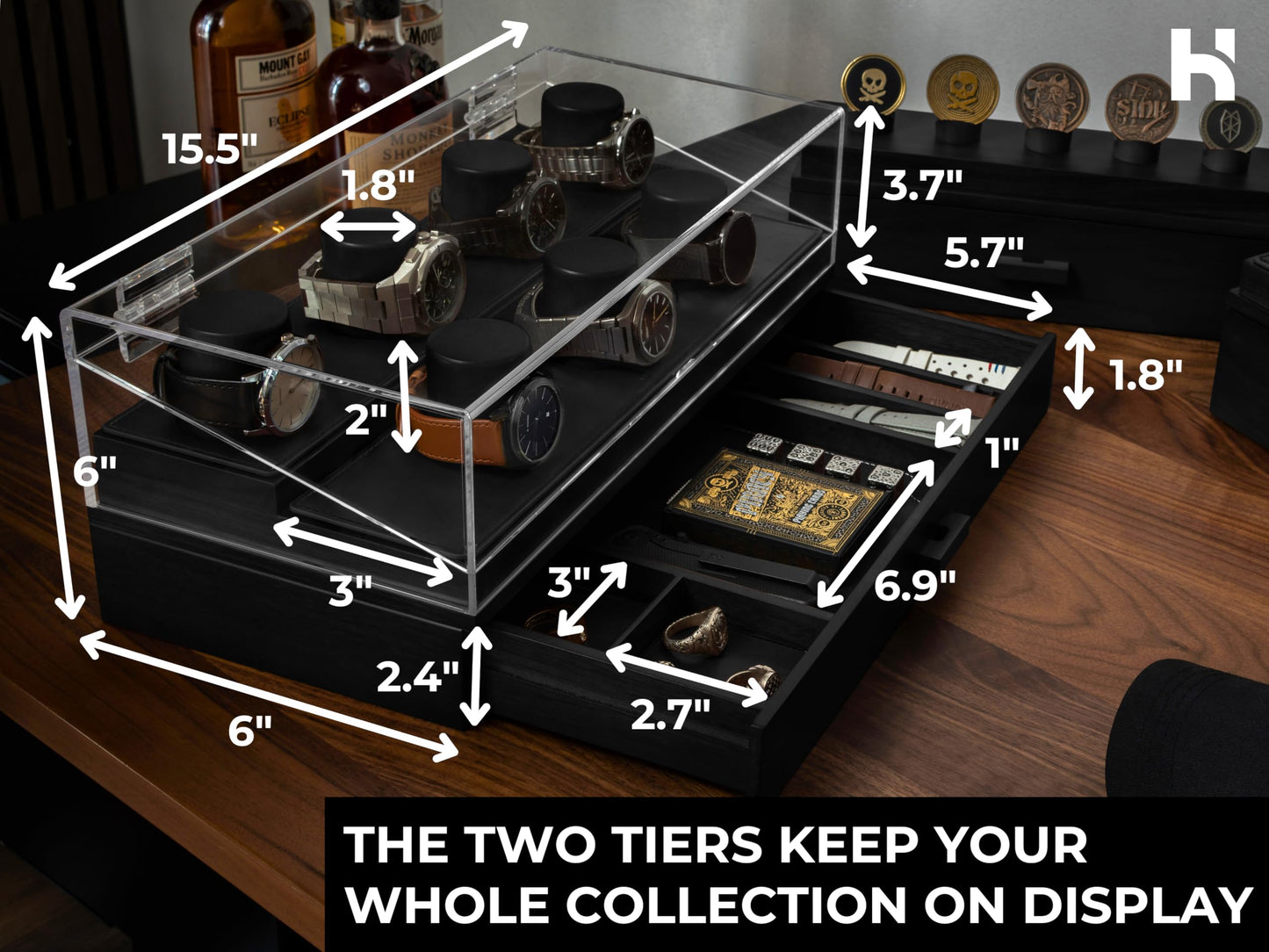 Premium 7 Slot Watch Box for Men - Large Wooden Watch Display Case with Hinged Cover, Leather Lining & Drawer - Watch Holder Organizer Stand - Handcrafted Luxury Father's Day Present for Men