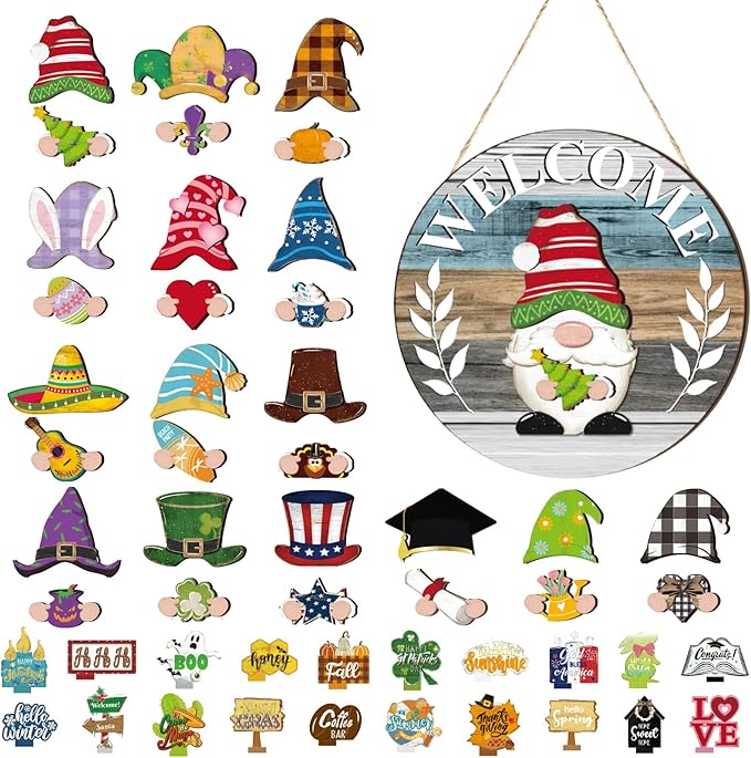 Qunclay Interchangeable Wooden Gnome Decor Holiday Seasonal Gnome Decorations with Magnet Pieces and Detachable Hats Changeable Welcome Sign for Home(Antique Style)