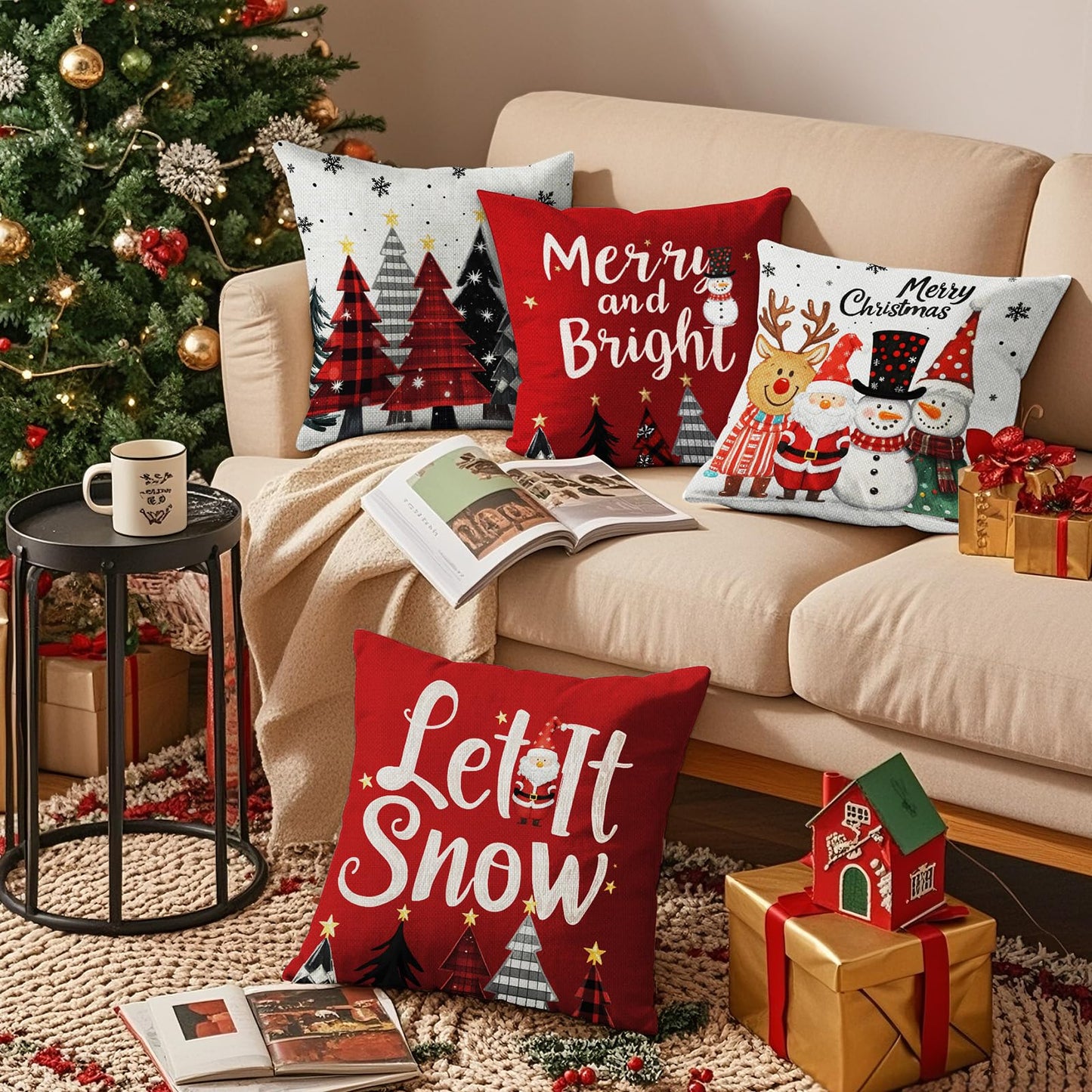 UPOFFICIS Christmas Pillow Covers 18x18 inch Set of 4, Christmas Decorations Cushion Covers, Xmas Pillow Covers, Pillowcases Throw Pillow Covers for Sofa Couch Home Decor