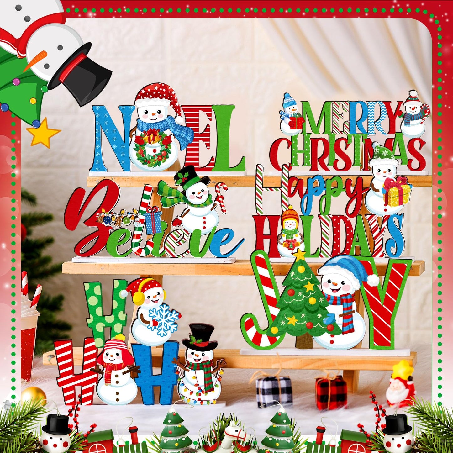 CroBlissful 6 Pcs Christmas Table Decoration Merry Christmas Table Sign Happy Holiday Snowman Wooden Tabletop Centerpieces for Xmas Winter Party Supplies Home Decor