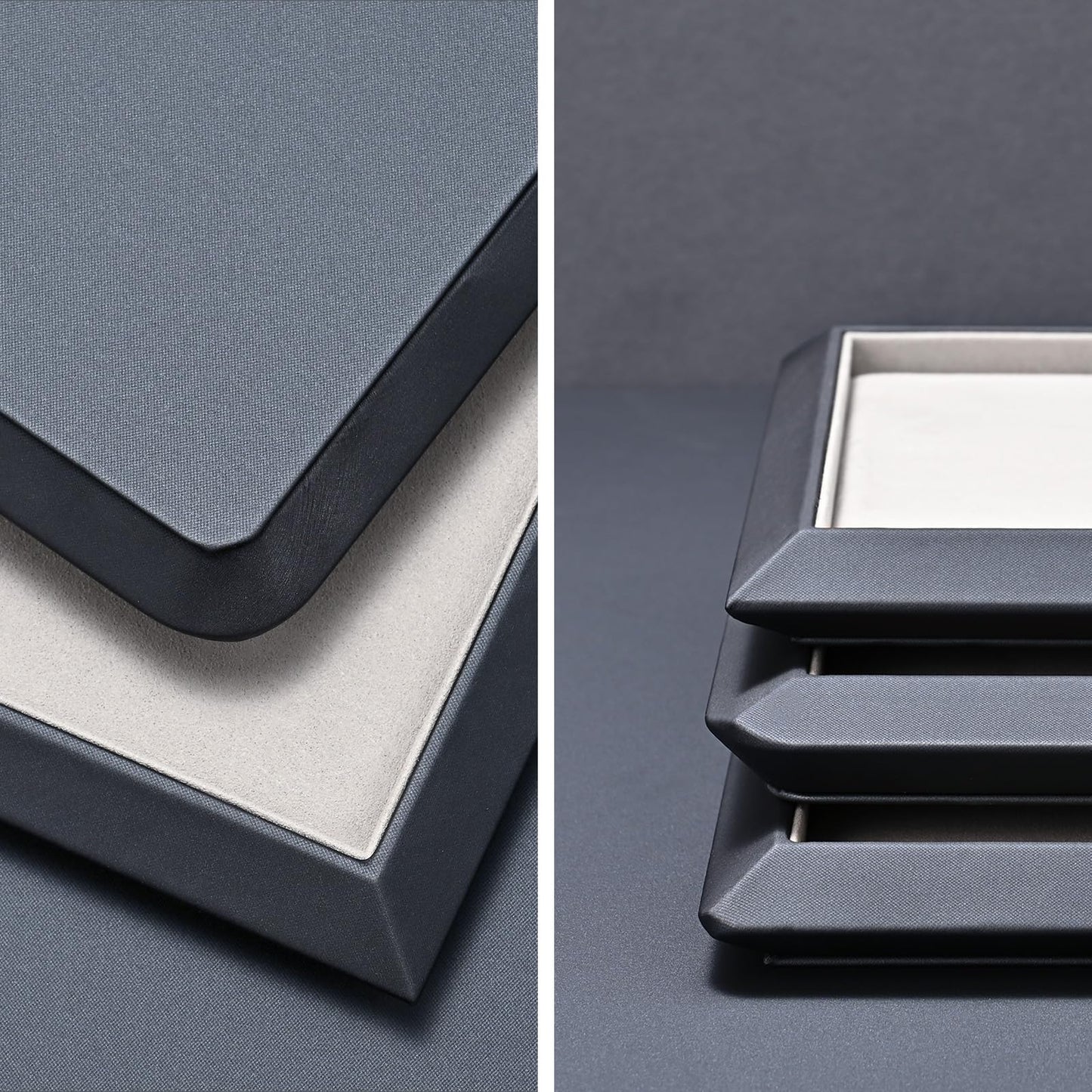 Oirlv Gray Leather Jewelry Display Tray with Microfiber Lining, Premium Square Corner Organizer