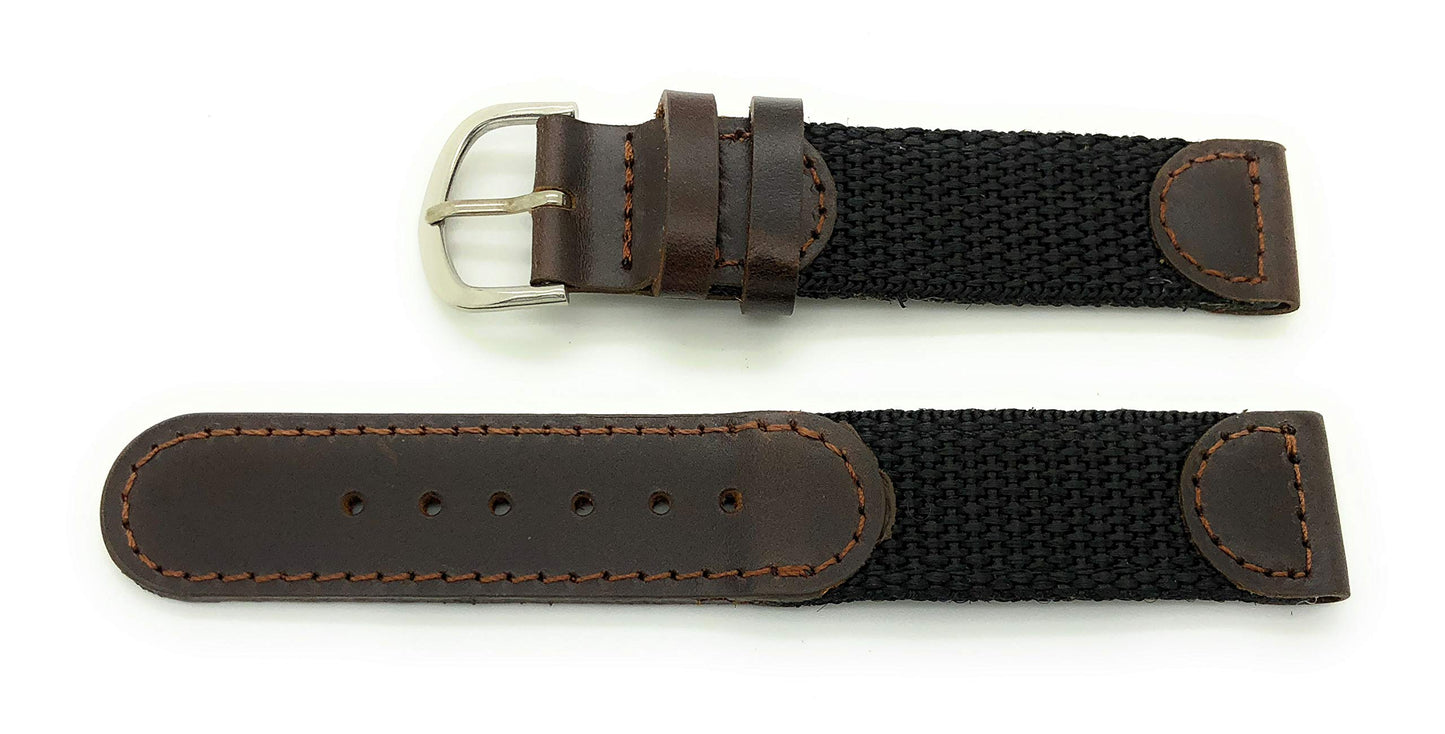 20mm Canvas Nylon Leather Watch Band (black with brown)