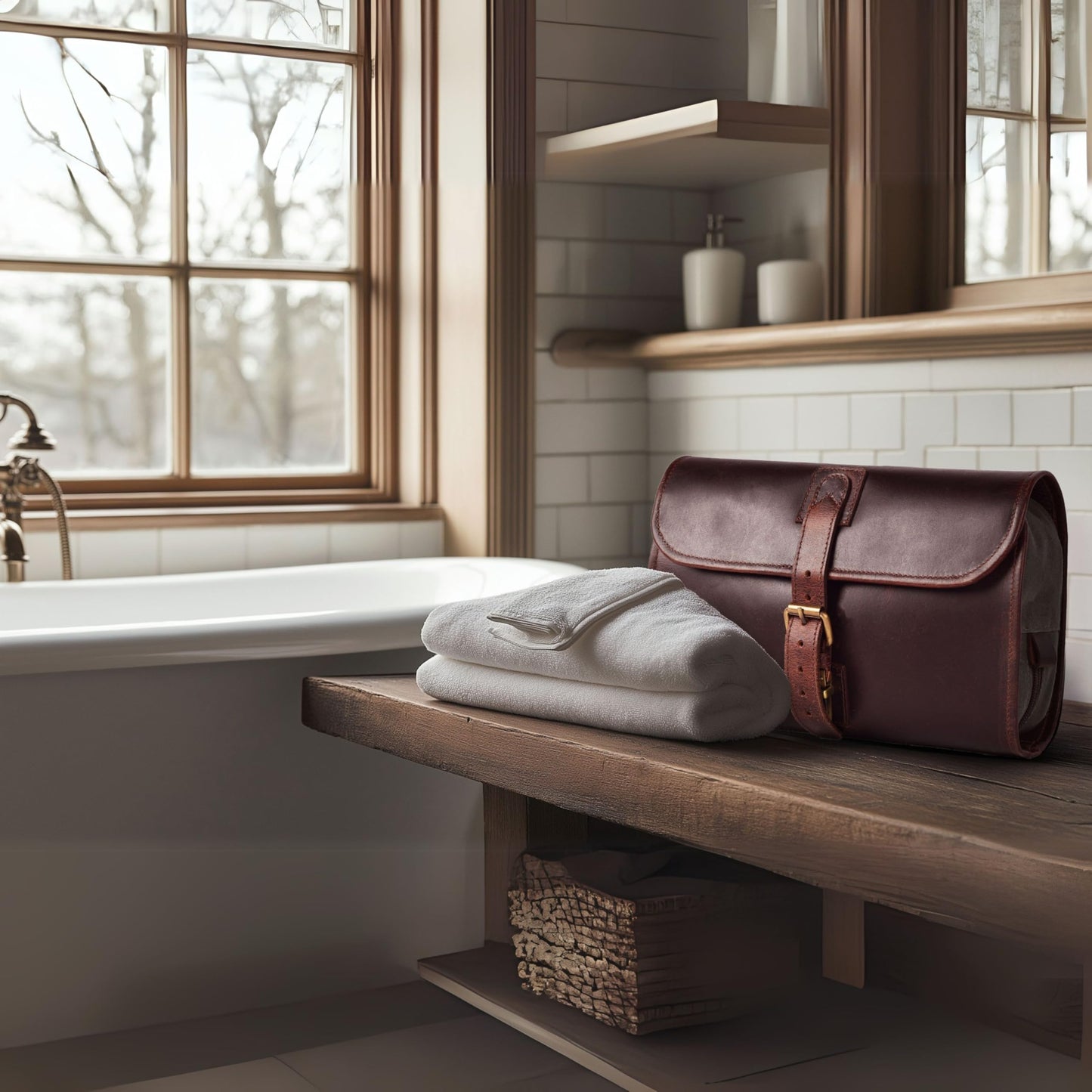 LEATHER VILLAGE Hanging Genuine Leather Toiletry Bag for Men & Women with Waterproof Lining – Handcrafted Vintage Travel Dopp Kit, Shaving Organizer & Shower Bathroom Essentials Case - Cherry