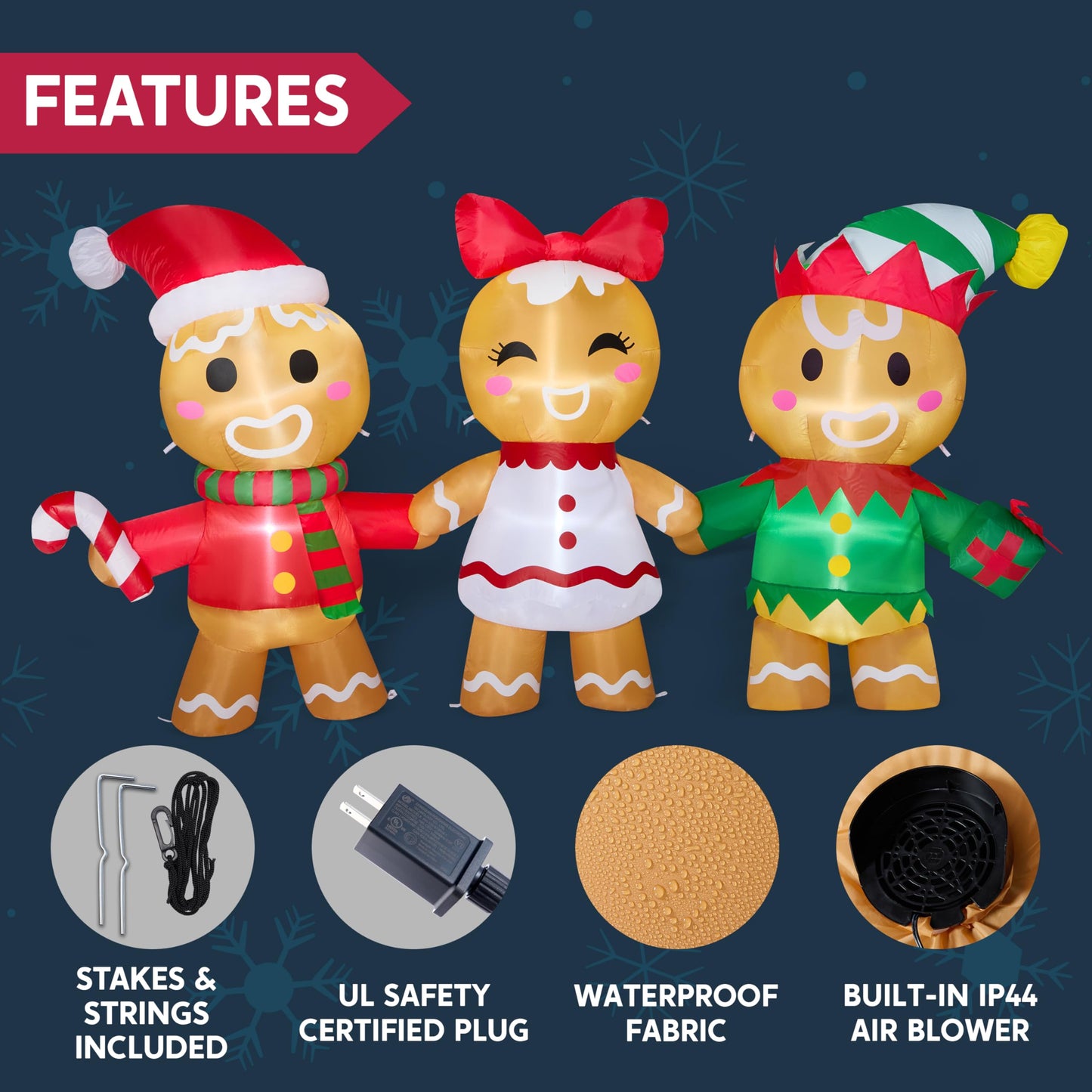 Joiedomi 8 FT Long Christmas Inflatable Gingerbread Decoration, Christmas Blow Ups Three Gingerbread Men Yard Decoration with LEDs, Cute Xmas Gingerbread Inflatable for Outdoor Yard Garden Lawn Decor