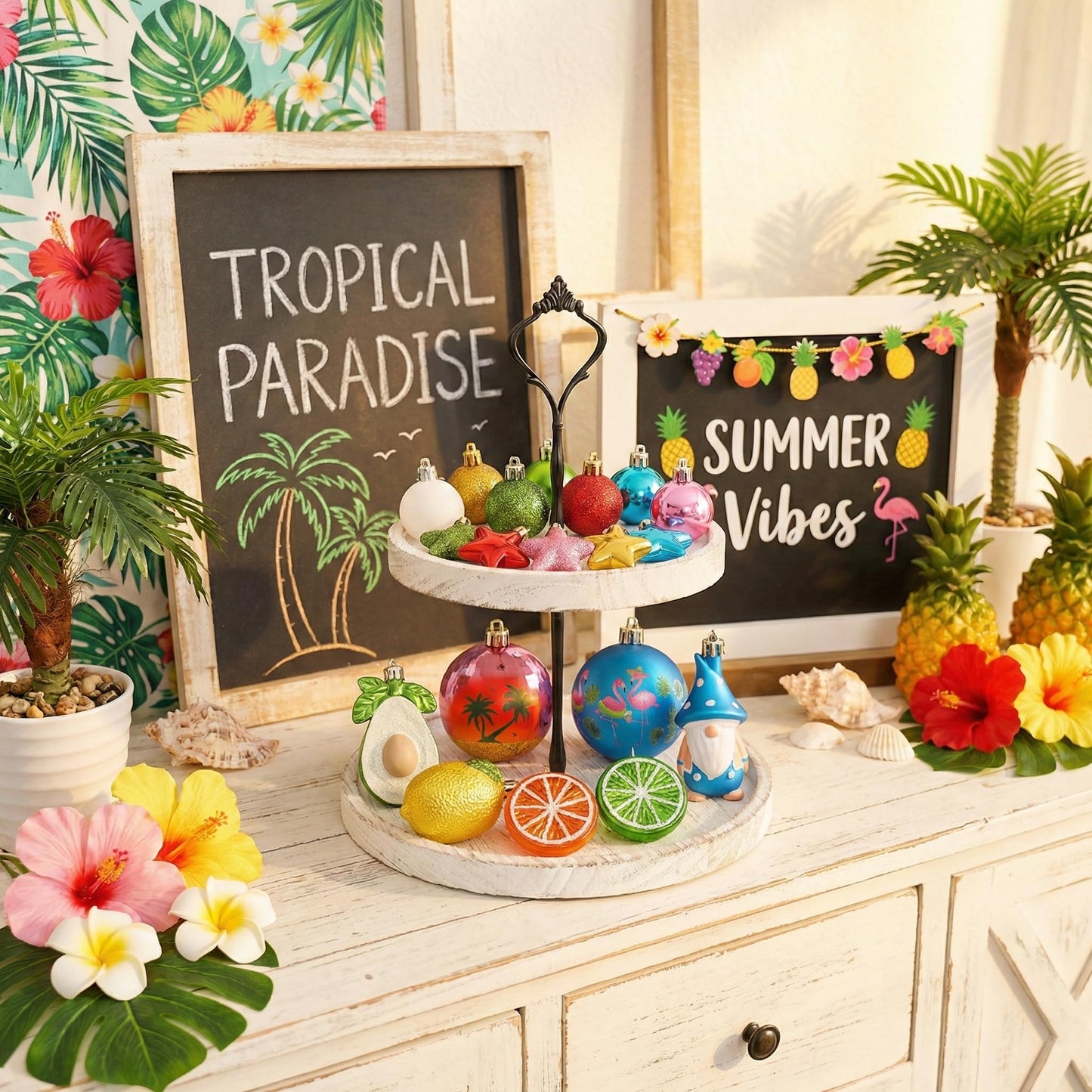 Valery Madelyn 30ct Summer Tree Ornaments Christmas in July Decorations, Coastal Beach Ocean Theme Set with Flamingo, Gnome, Avocado, Lemon & Palm Tree. Shatterproof Balls for Hawaiian Tropical Party