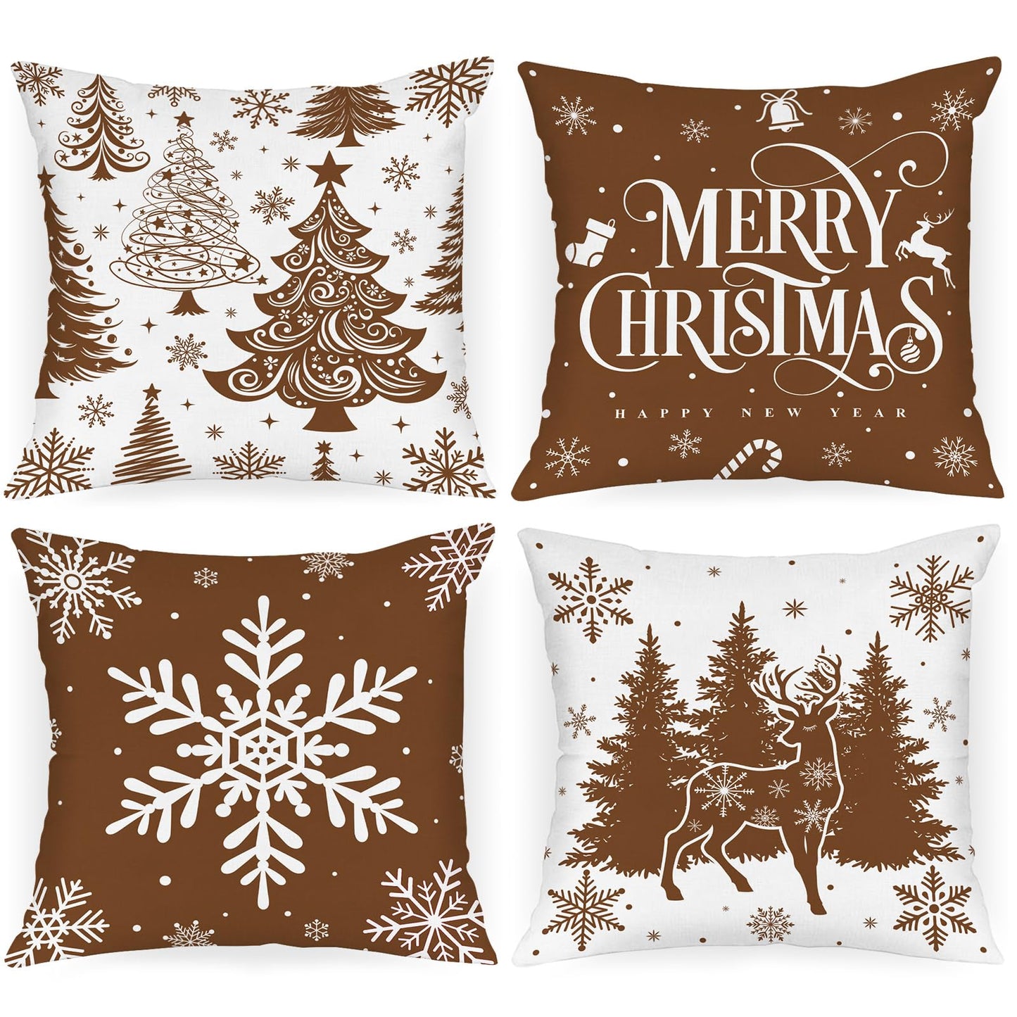 Lanpn Christmas Throw Pillow Covers 18x18 Set of 4, Merry Christmas Winter Xmas Snowflake Decorative Holiday Cushion Pillow Cases 18 x 18 for Outdoor Indoor Farmhouse Home Room Couch Decor (Brown)