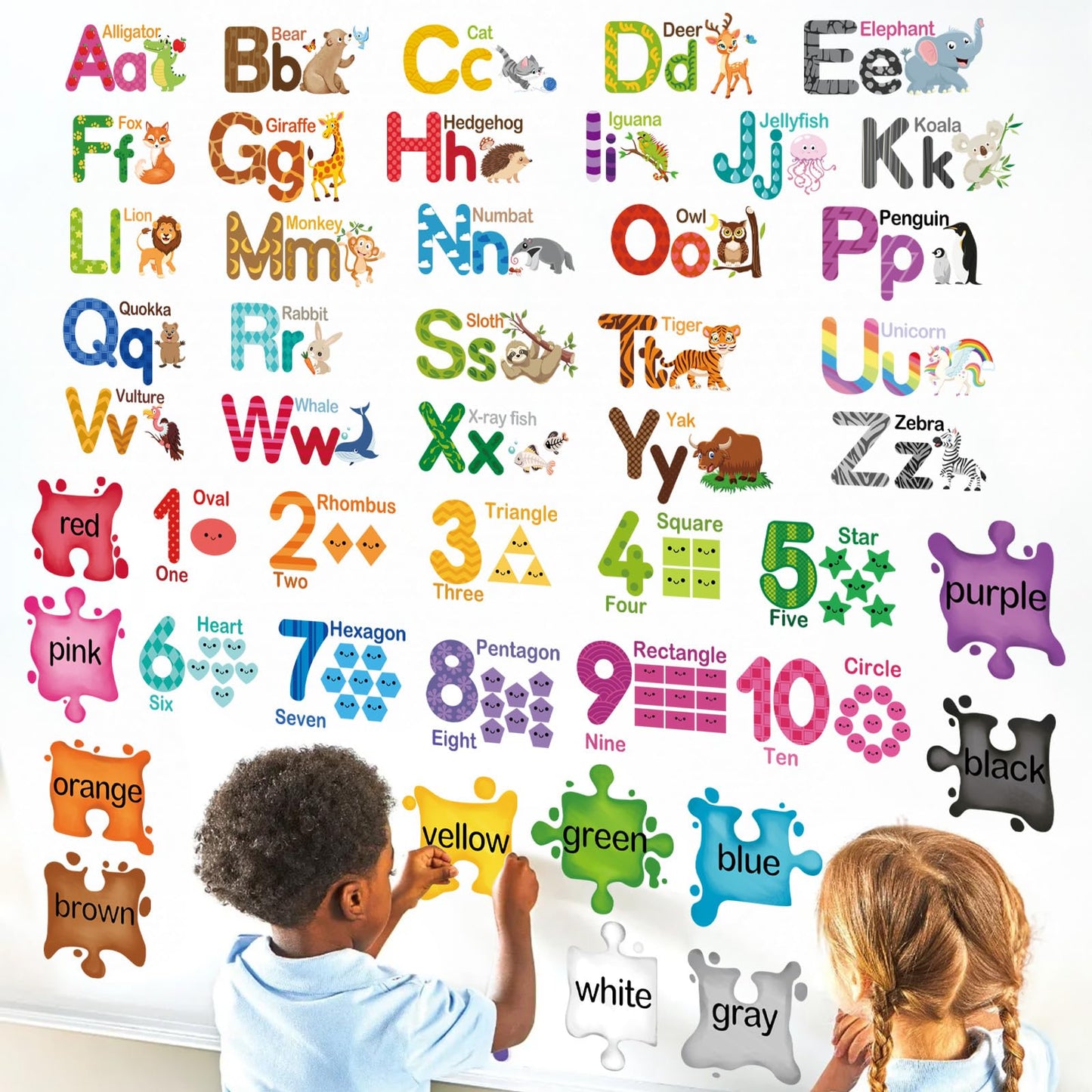 wondever Educational Learning Wall Stickers Alphabet Animals Numbers Shapes Colors Peel and Stick Wall Art Decals for Toddlers Kids Room Classroom Playroom