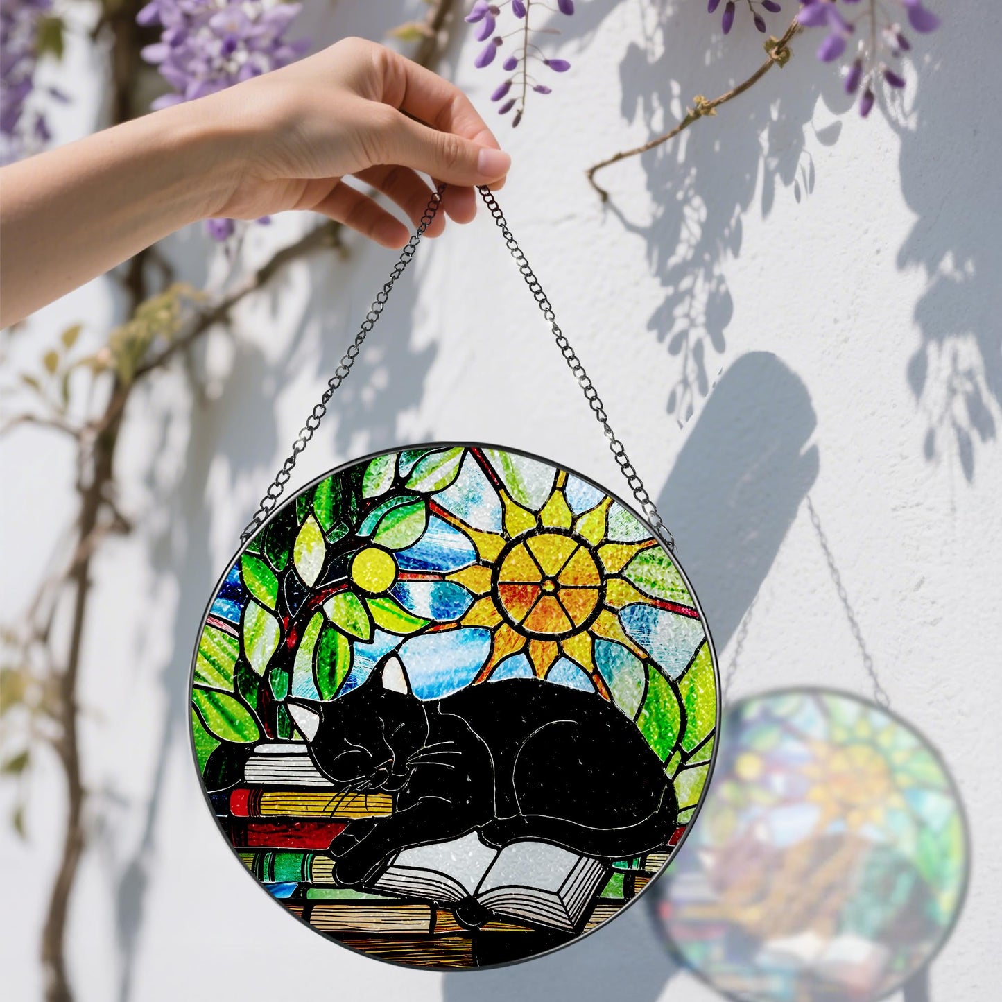 Stained Glass Window Hanging, 8 Inch Black Cat on Book Stained Glass Suncatcher, Window Decor Hanging, Cat Lover Gifts, Reading Decor, Bookish Gift, Librarian Gift, Book Lover Gifts