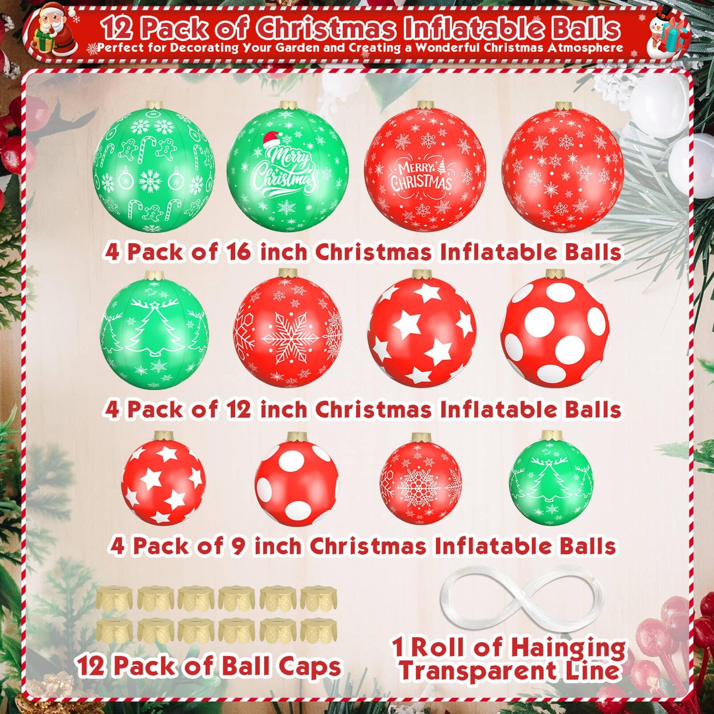 Flasoo 12 Pack Giant Inflatable Christmas Ornaments for Outdoor Decoration, Big Christmas Balls for Front Door Yard Tree Hanging (9 Inch, 12 Inch, 16 Inch)