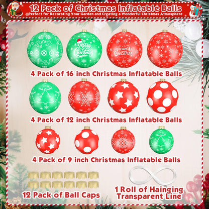 Flasoo 12 Pack Giant Inflatable Christmas Ornaments for Outdoor Decoration, Big Christmas Balls for Front Door Yard Tree Hanging (9 Inch, 12 Inch, 16 Inch)