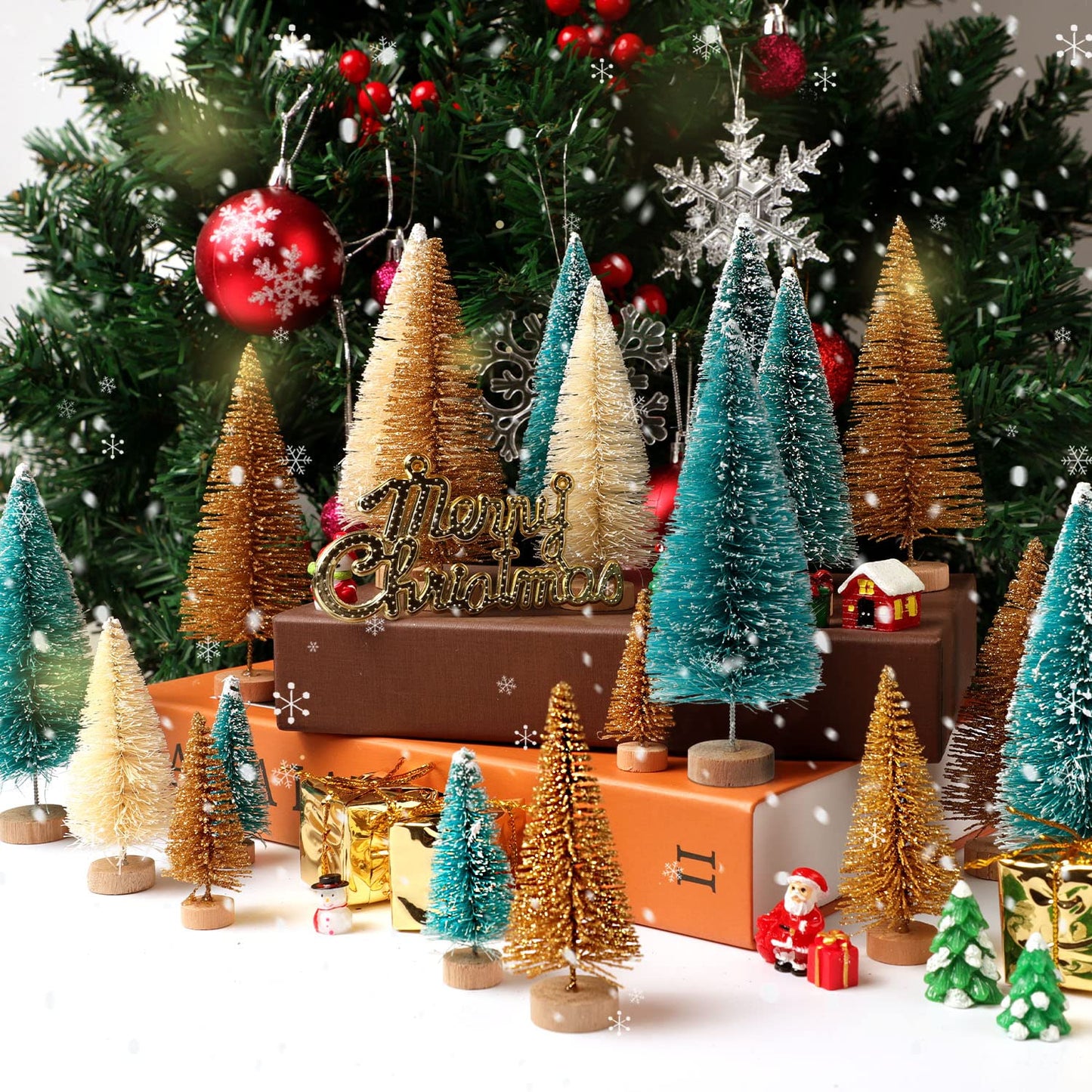 30Pcs Mini Christmas Trees, Artificial Christmas Tree Bottle Brush Trees Christmas with 5 Sizes, Sisal Snow Trees with Wooden Base for Christmas Decor Christmas Party Home Table Craft