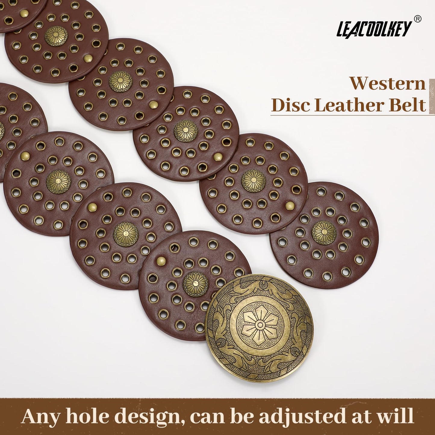 LEACOOLKEY Women's Boho Disc Belt Wide Western Leather Belt Vintage Concho Waist Belts for Dress Jeans