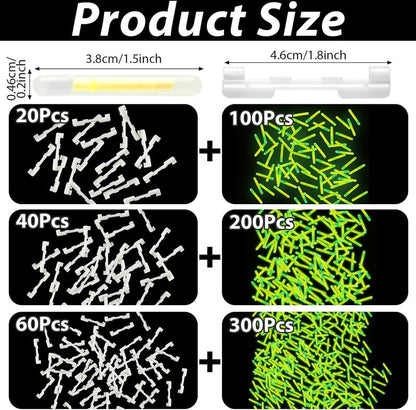 Fishing Glow Sticks - 200PCS Mini Green Rod Tip Lights for Night Fishing | Includes 40 Attachments Clips
