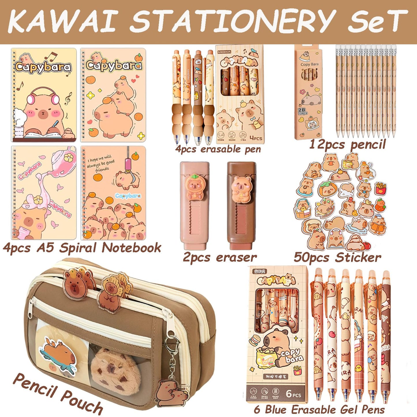 Cute Capybara Stationery Set - Large Pencil Case, 4 A5 Spiral Notebooks, 10 Ballpoint Pens (2 Styles), 12 Pencils, 2 Erasers - Perfect Back-to-School Essentials and Birthday Gift for Kids (Capybara)