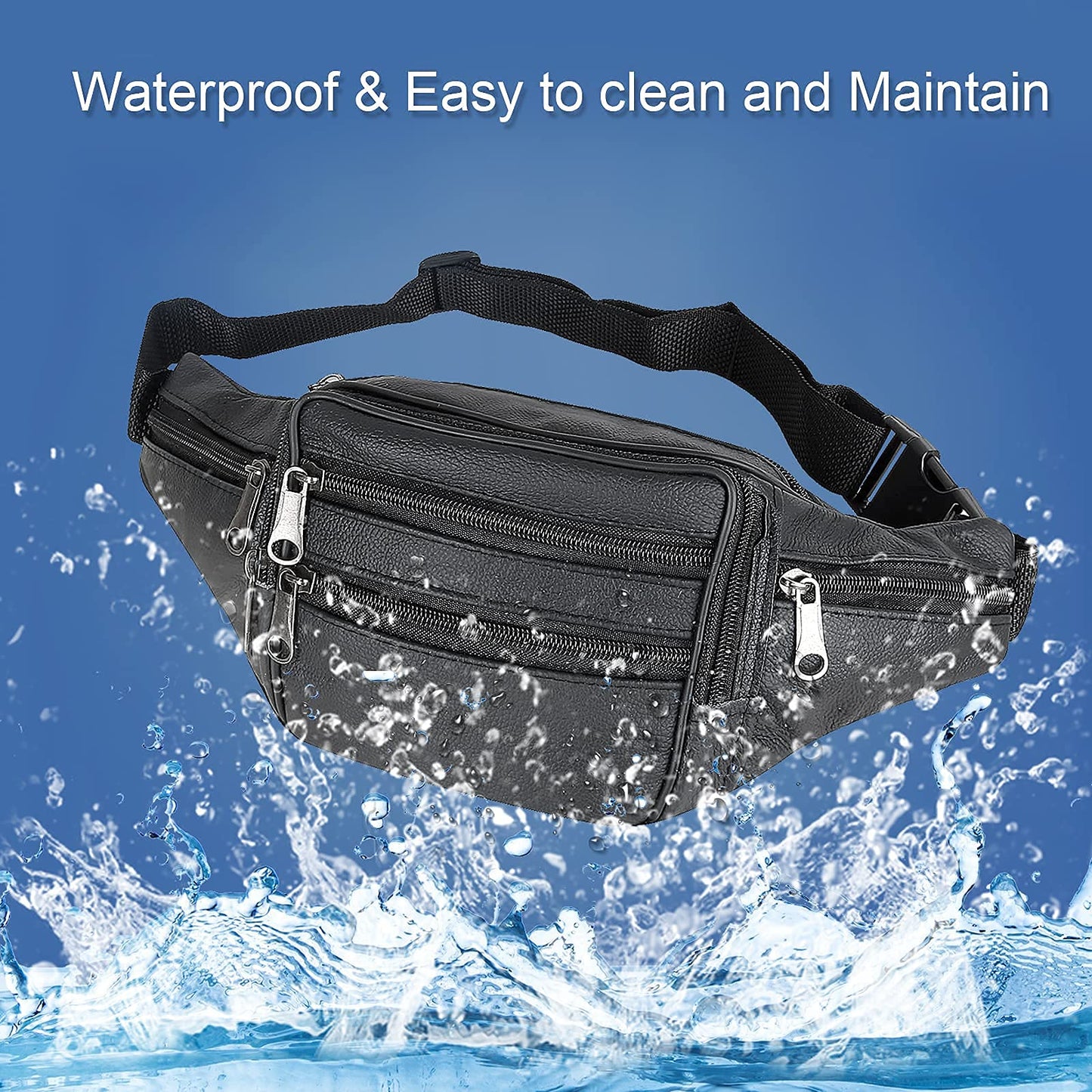 Leather Fanny Pack Travel Waist Bag 7 Pockets Waist Pack.Suitable for Outdoor Mountaineering Travel Camping Cycling Running etc FANNING511 Fanny pack (Black)