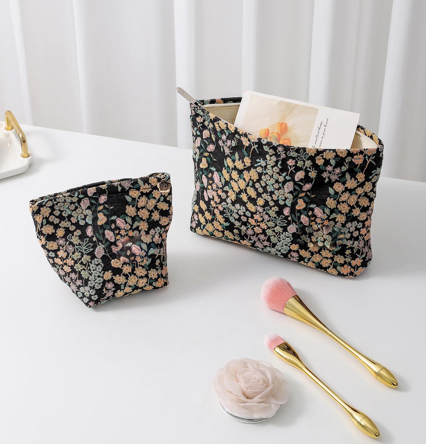 getgto 2 Pcs Makeup Bags, Large Cosmetic Bag Travel Toiletry Bag Organizer for Women, Embroidery Craft, Floral Makeup Bag Small Cosmetic Pouch Purse with Zipper Gifts for Girls Teen