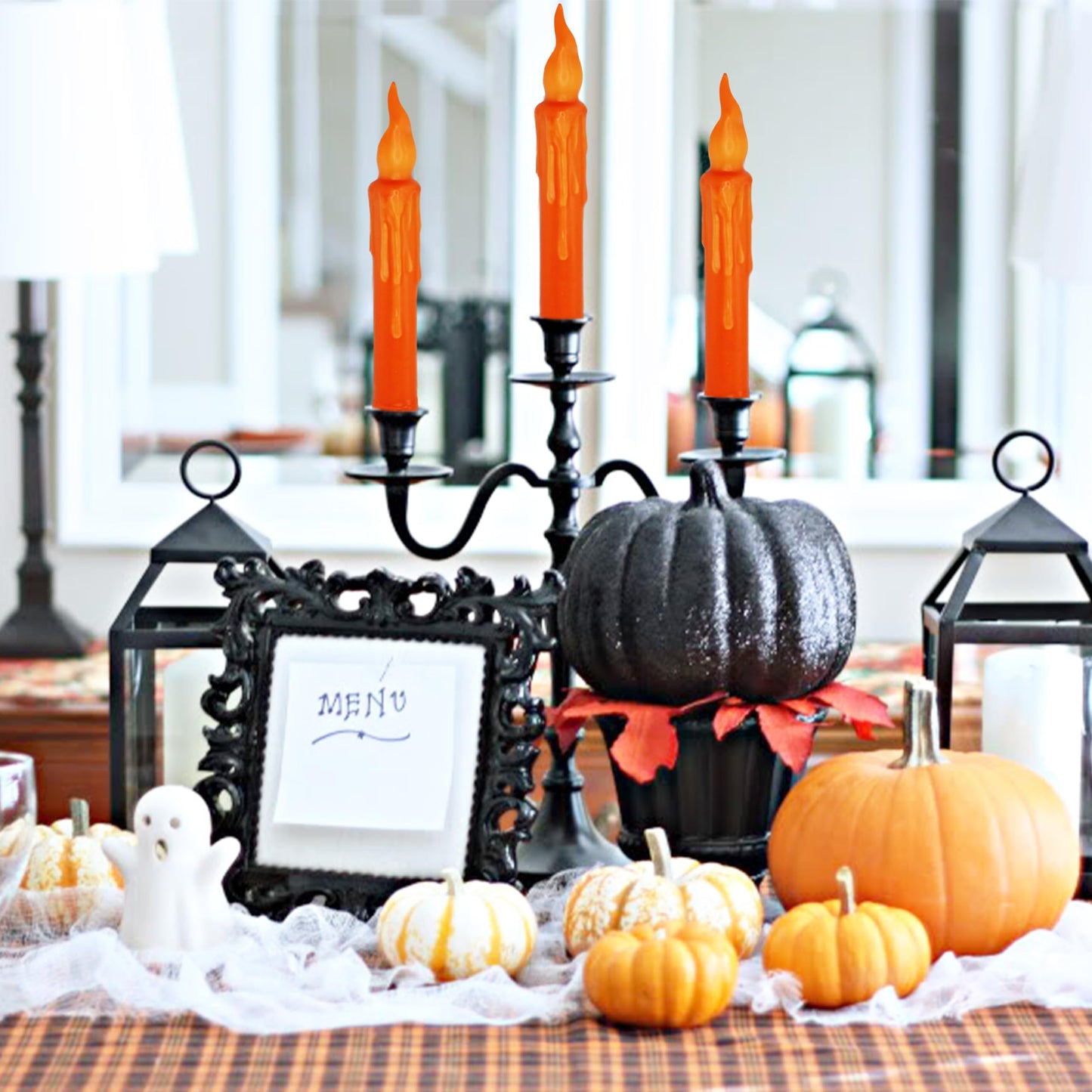 FCMSHAMD Orange Flameless Short Taper Candles, Real Wax Hand Dipped LED Battery Operated with Remote, Flickering Flame Lights for Festival Party Home Décor, 6.7 Inch Primitive Flameless Candles, 4PCS