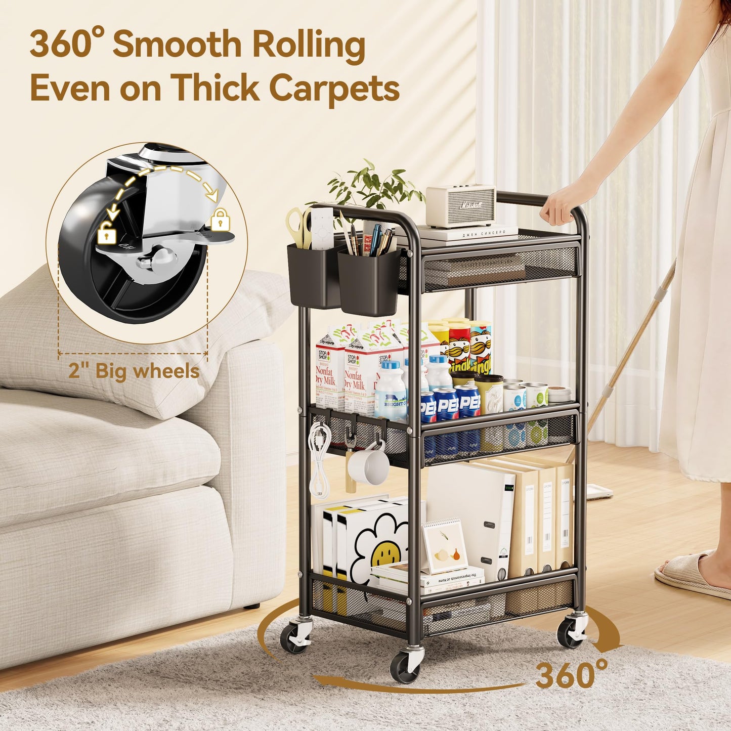 YASONIC 3 Tier Rolling Cart – Metal Utility Storage Carts with Wheels, Craft Cart Organizer with Hanging Cups, Hooks, Mesh Basket for Bedside Kitchen Office Art, Black