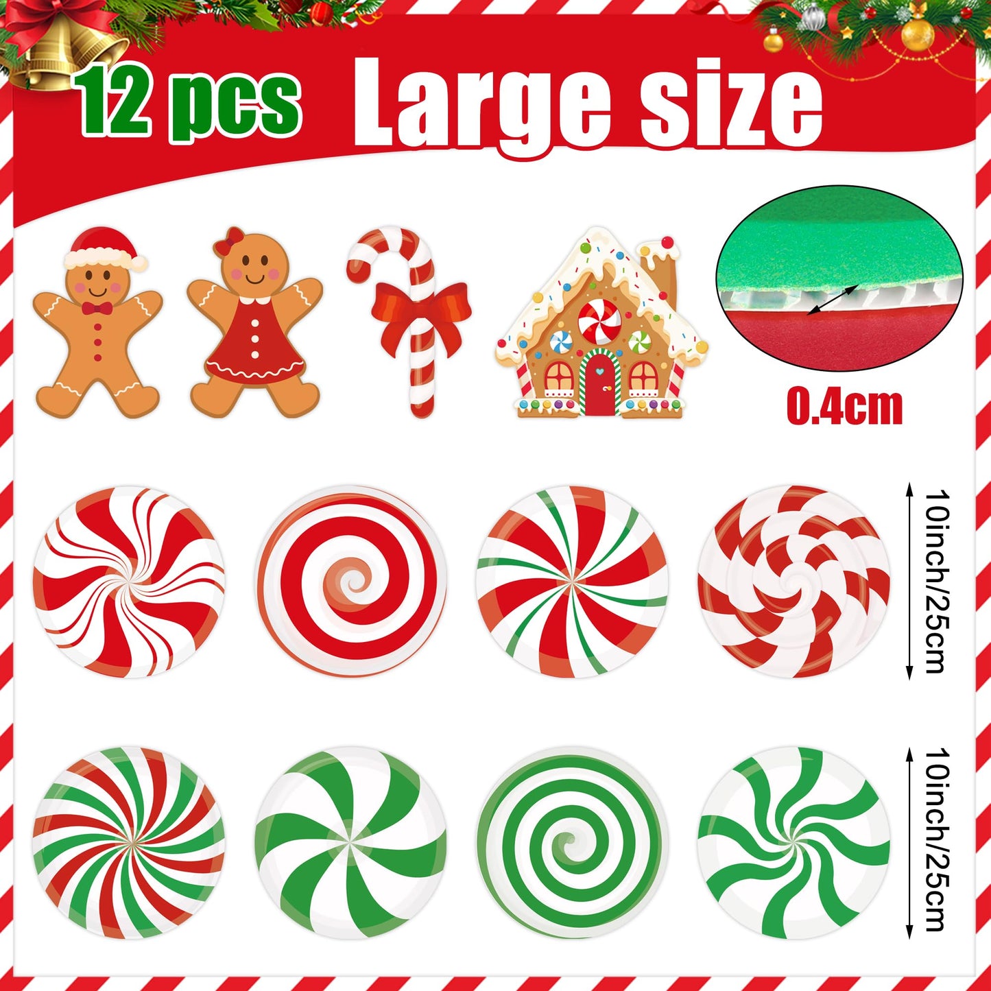 12 PCS Large Candy Gingerbread Christmas Tree Picks 10 Inch Candy Cane Gingerbread Man Christmas Tree Ornaments Peppermint Lollipop Hanging Decor for Xmas Trees Topper New Year Holiday Party Decor