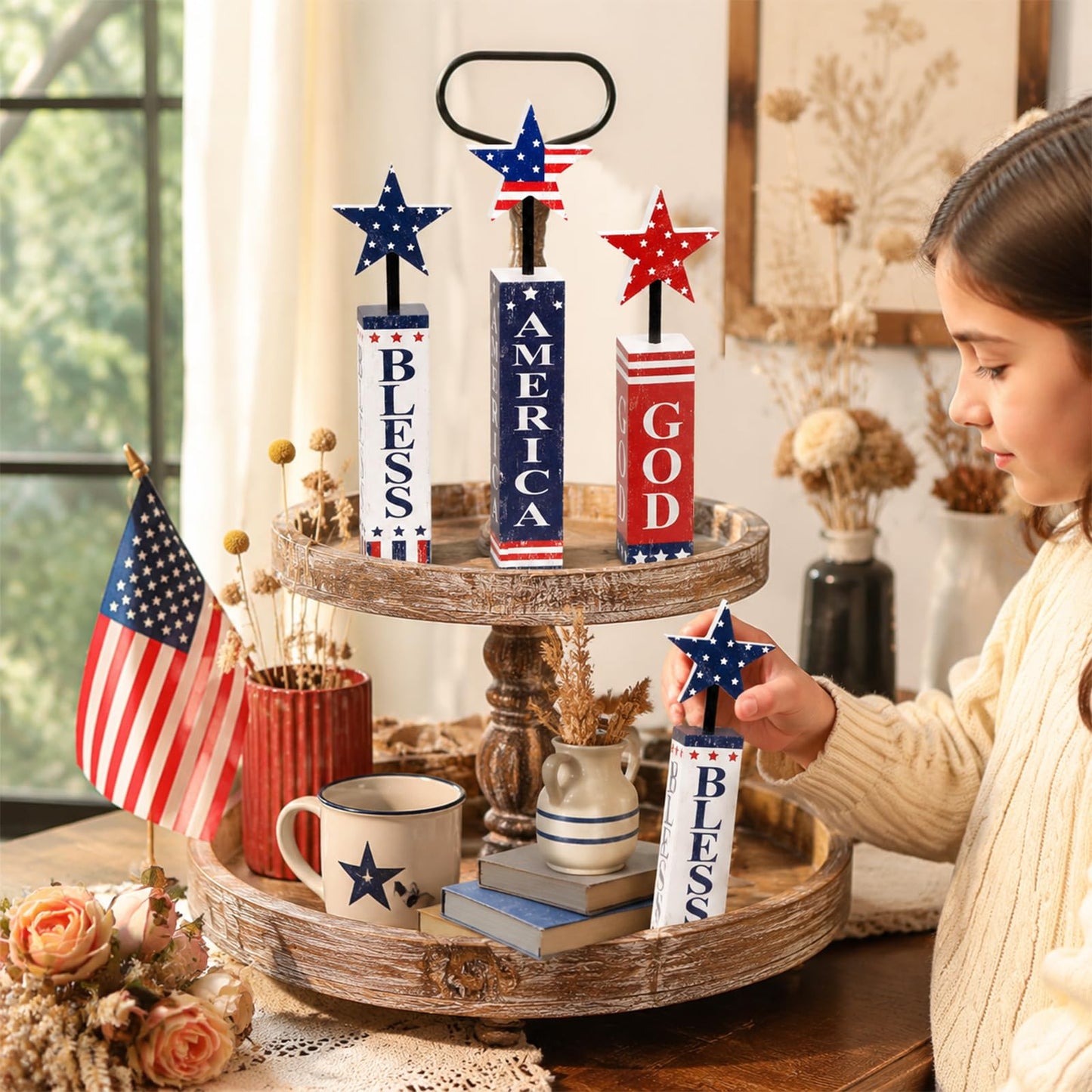 4th of July Table Decorations Wooden Patriotic Tiered Tray Decor 3 Pcs Memorial Day Decorations Red White Blue Centerpieces USA Star Wood Blocks for 250th Anniversary Independence Day Home Office