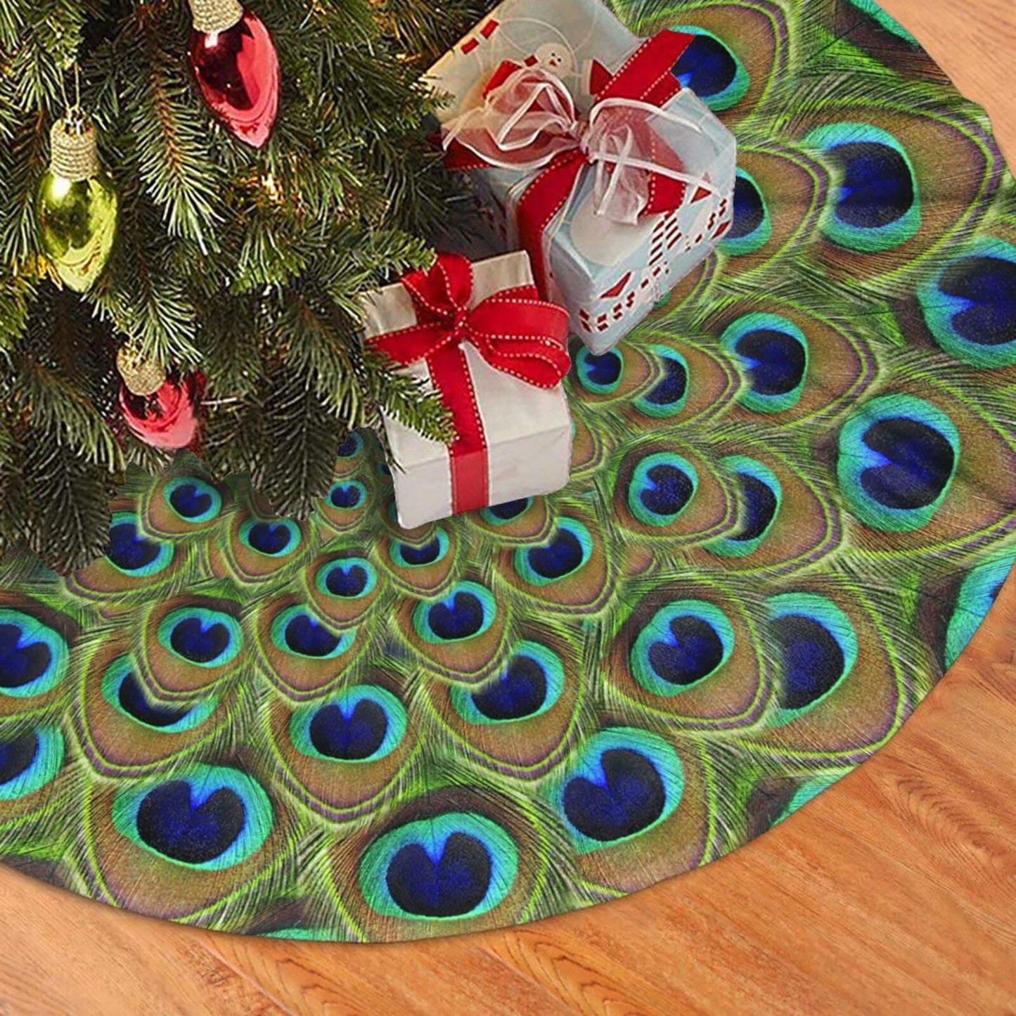 Peacock Feather Christmas Tree Skirt 48" Xmas Tree Mat for Christmas Decorations Holiday Ornaments