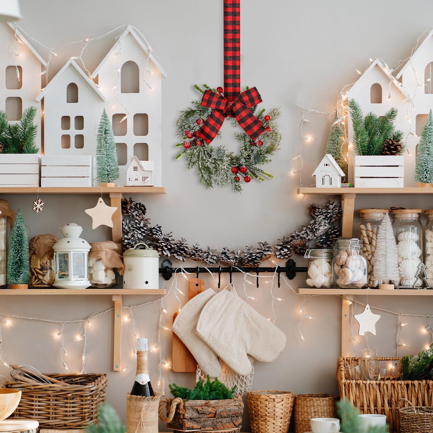 Syhood 2 Pieces 9" Mini Christmas Wreath Mini Cabinet Wreaths for Kitchen Christmas Red Berry with Red and Black Plaid Bow Farmhouse Wreath for Holiday Xmas Party Decorations(Buffalo Plaid Bow)