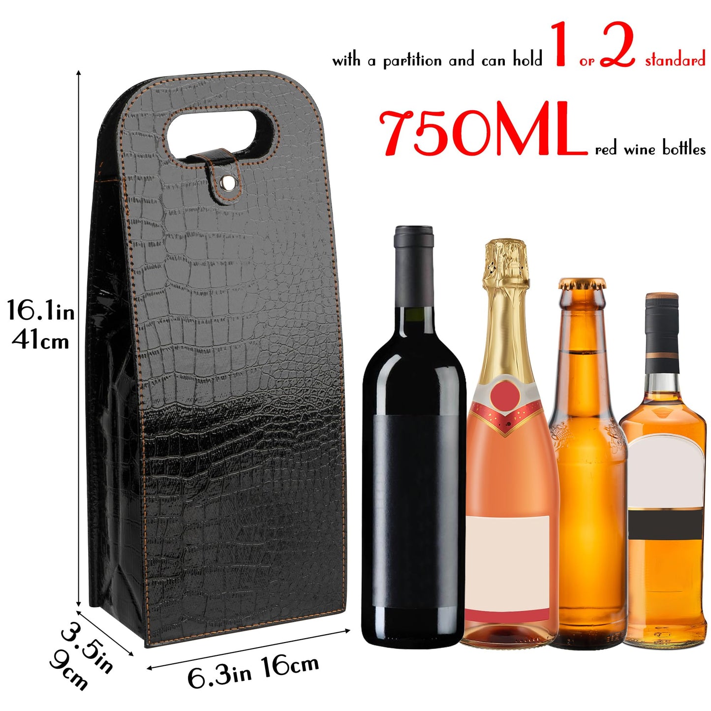 JANKINGS Double Wine Gift Bag, 2Pcs Reusable Leather Wine Tote Carrier, Champagne Gift Bags Carrier for Birthday, Wedding, Party (1 Red+1 Black)