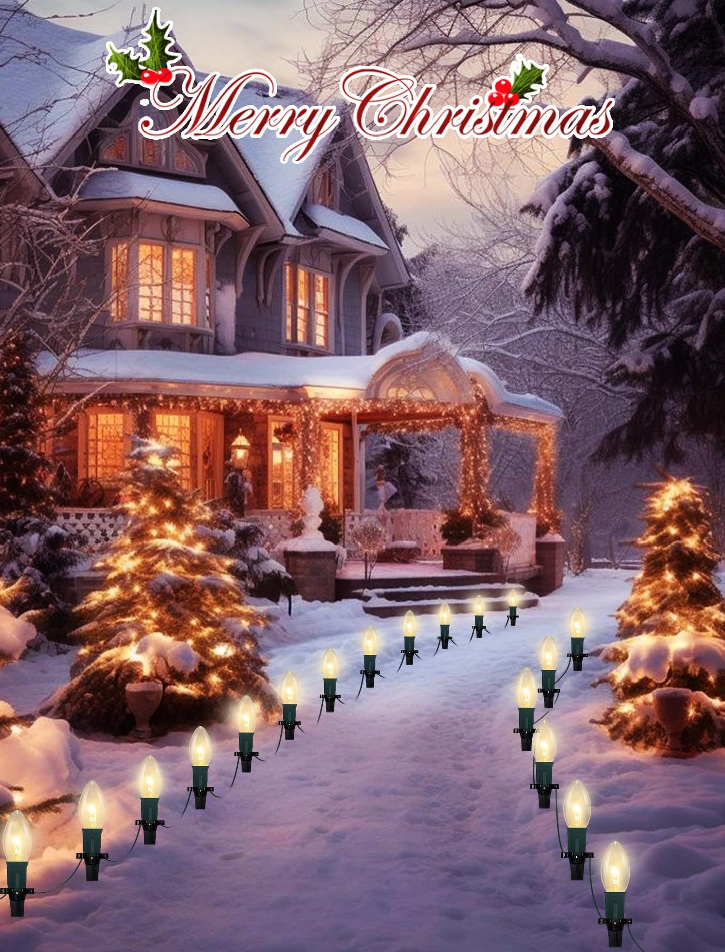 C9 Christmas Pathway Lights, 38 Feet Outdoor String Lights with 25 Bulbs and Marker Stakes, Waterproof Connectable Christmas Walkway Markers Light for Outside Driveway Yard Porch Garden Patio
