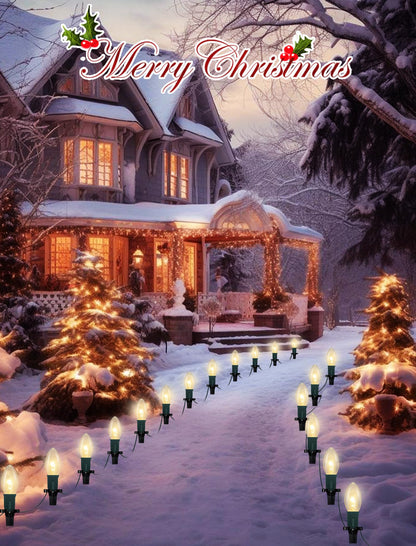 C9 Christmas Pathway Lights, 38 Feet Outdoor String Lights with 25 Bulbs and Marker Stakes, Waterproof Connectable Christmas Walkway Markers Light for Outside Driveway Yard Porch Garden Patio