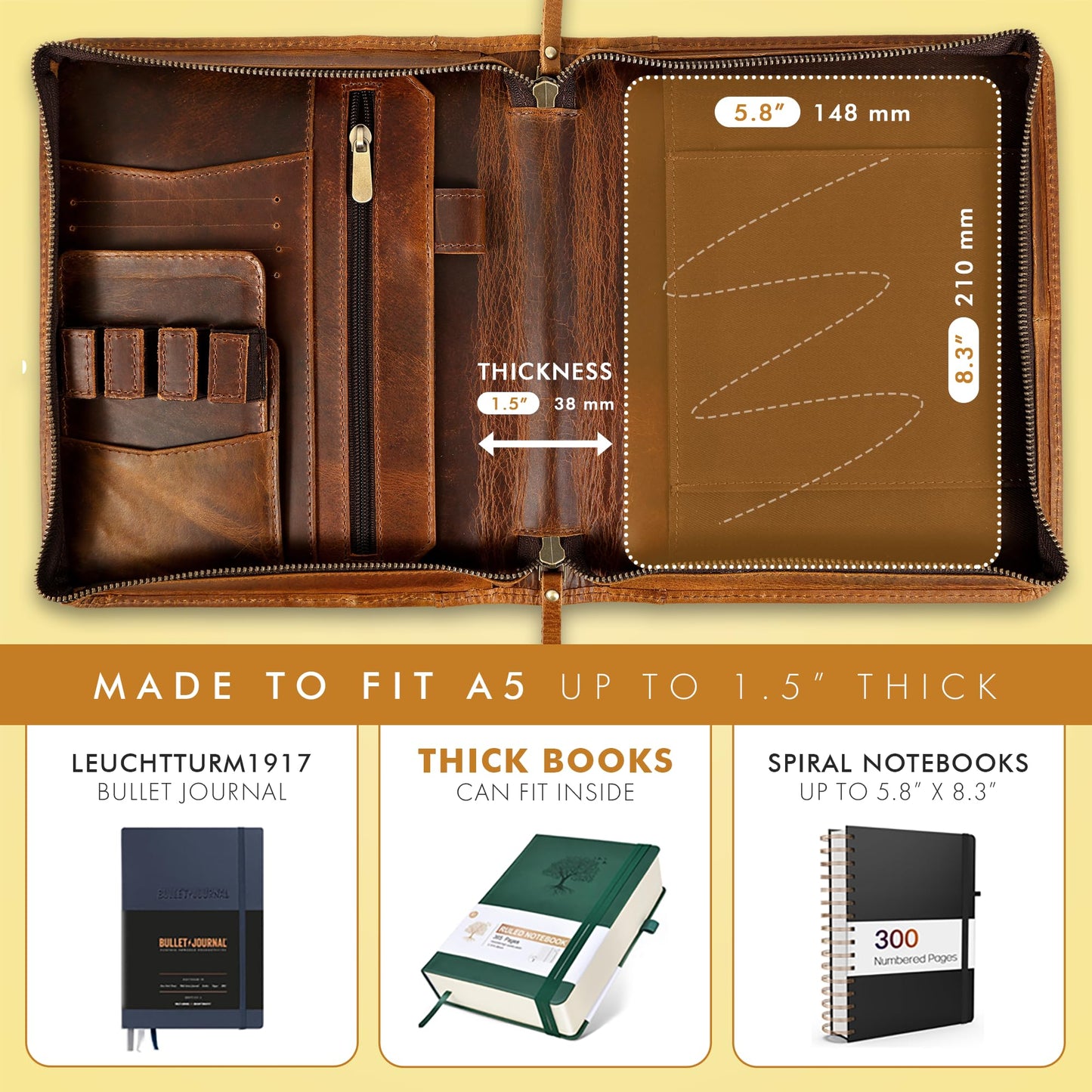 ELIZO Leather A5 Portfolio Padfolio Folio A5 Notebook Journal Cover Planner Binder Small Mens Business Work Folder Organizer (Antique)