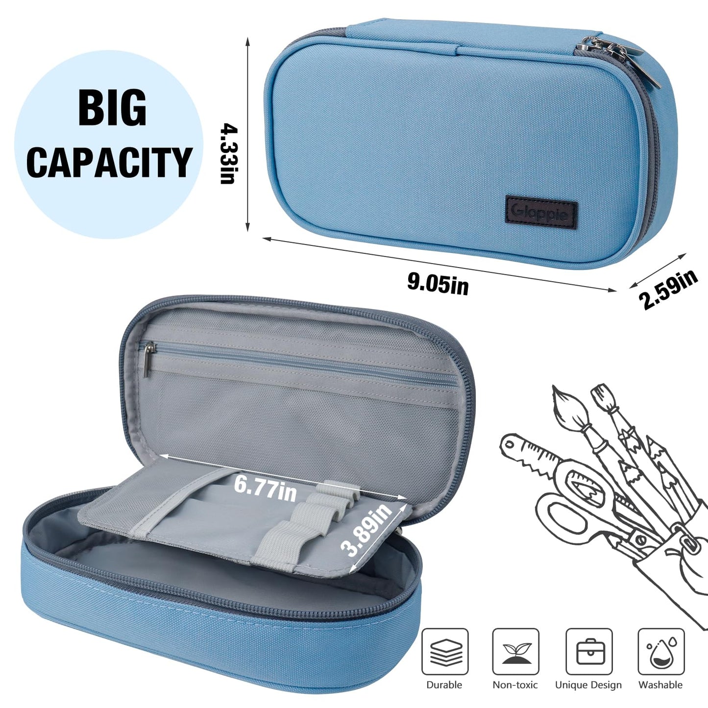 Gloppie Pencil Case Zipper Pencil Pouch Pencil Box for Boys Girls Pen Case Stationary Organizer, Back to School Supplies, Light Blue