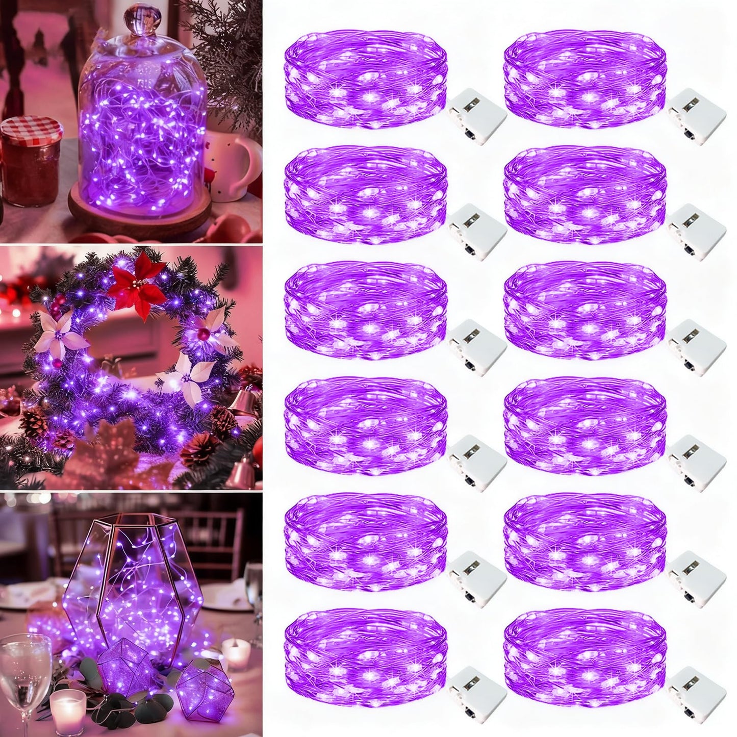 Fairdeer 12 Pack Fairy Lights Battery Operated - 7ft 20 Led Twinkle Lights 3 Modes, Bulk Mini String Lights Waterproof for Halloween Holiday Mason Jars DIY Party Decoration Christmas-Purple