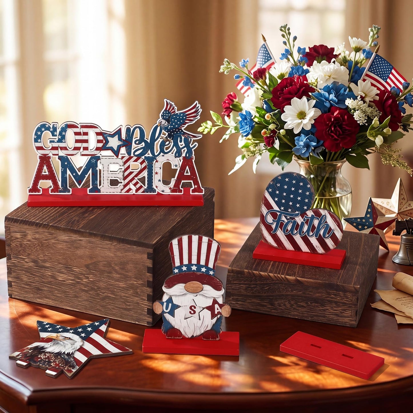 Qunclay 6 Pcs Patriotic Table Decor - Wooden Gnome Freedom Truck Star 4th of July Table Signs for Veterans Independence Day Topper Decor Memorial Day Decorations Supplies