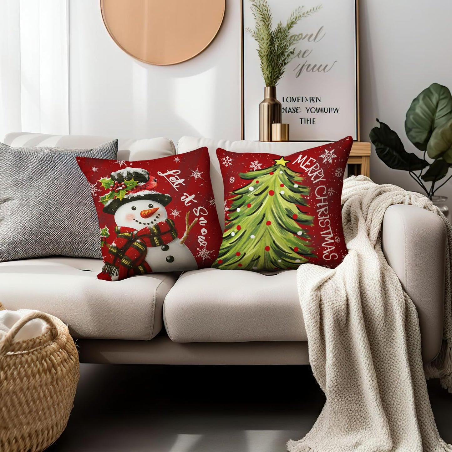 Cryfox Xmas Snowman Pillow Covers 18x18 Pillow Cases Winter Christmas Tree Pillow Cover Set of 2 Holiday Cushion Case Xmas Decoration for Couch Bed Sofa
