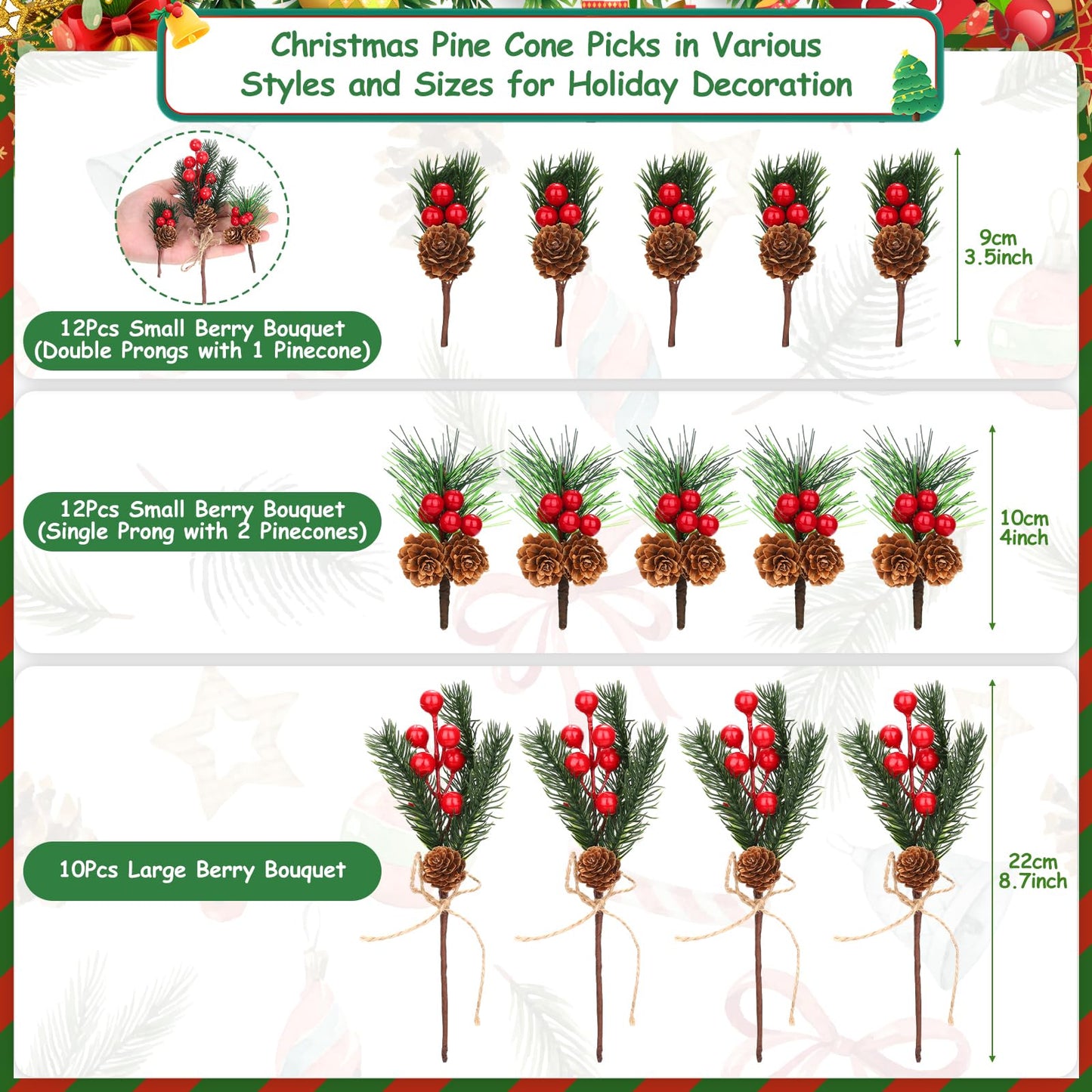 34Pcs Artificial Christmas Floral Picks, Red Berry Picks with Pinecones and Pine Branches, Fake Berries Pine Cone Berry Stems Set for Wreath, Garland, Vase, Tree, Holiday Home Winter Decorations