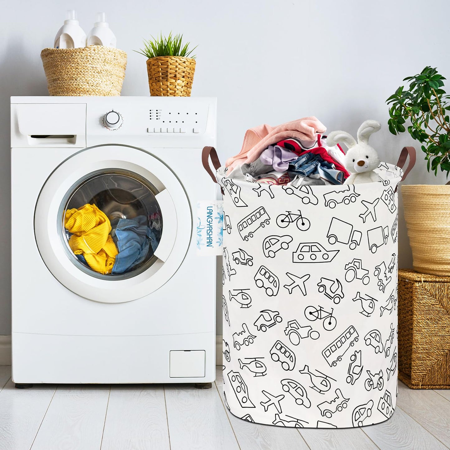 LANGYASHAN Laundry Hamper Collapsible Kids Storage Basket Waterproof Fabric Toy Clothes Organizer Bin for Children Bedroom Bathroom (Vehicle)