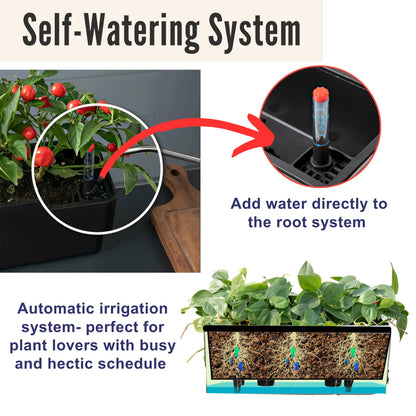 LaLaGreen Railing Planter Boxes (16 Inch, 4 Pack) Black Rectangular Plastic Window Box Planters with Self-Watering System Metal Brackets, Outdoor Plants Herbs Flowers Deck Balcony Fence Garden Decor