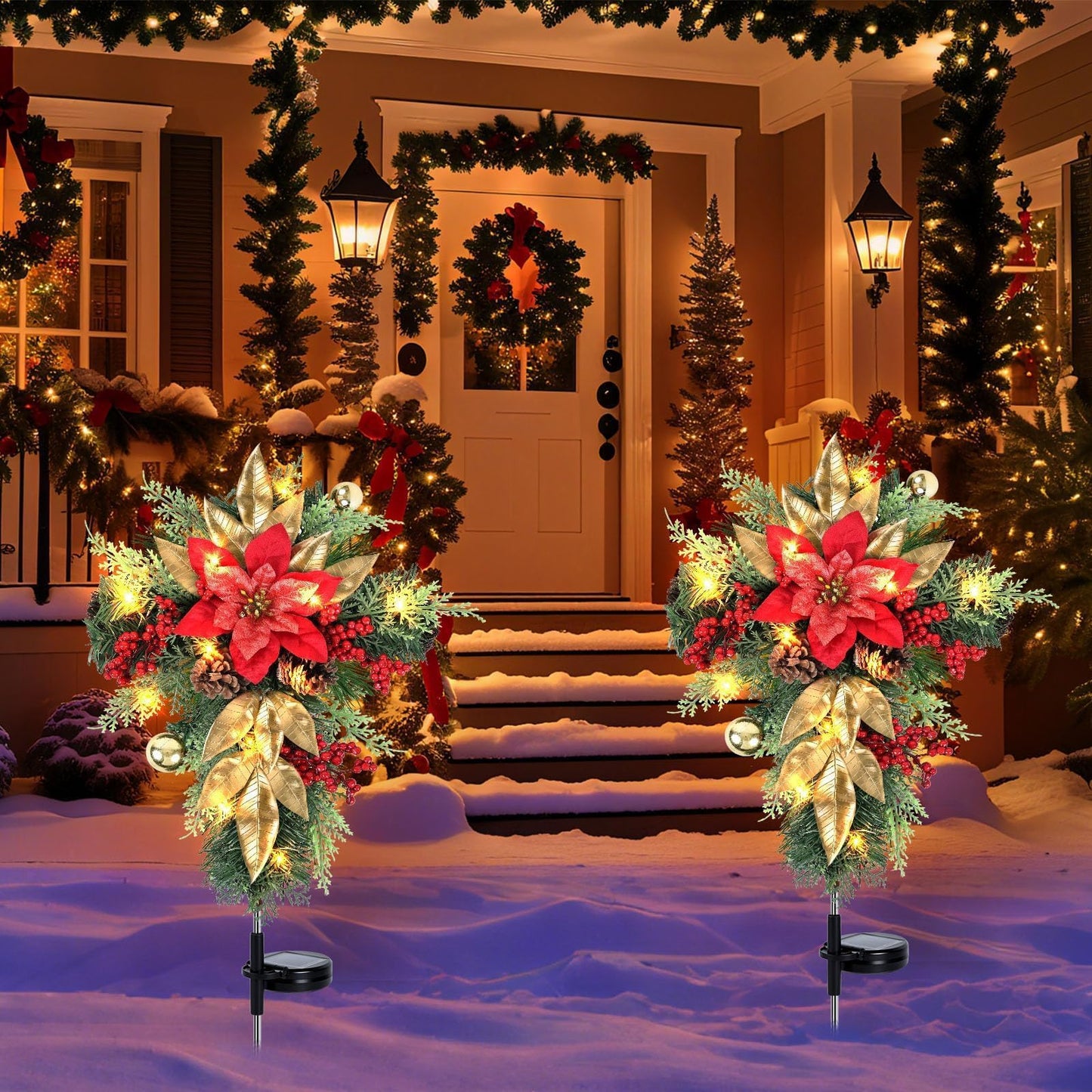 2 Pack 36" Solar Christmas Decorations Outdoor Christmas Cross Stake Lights Waterproof Cemetery Grave Decoration Faux Poinsettia Pine Cones Berries Ornament Stakes for Garden Yard Patio Lawn Cemetery