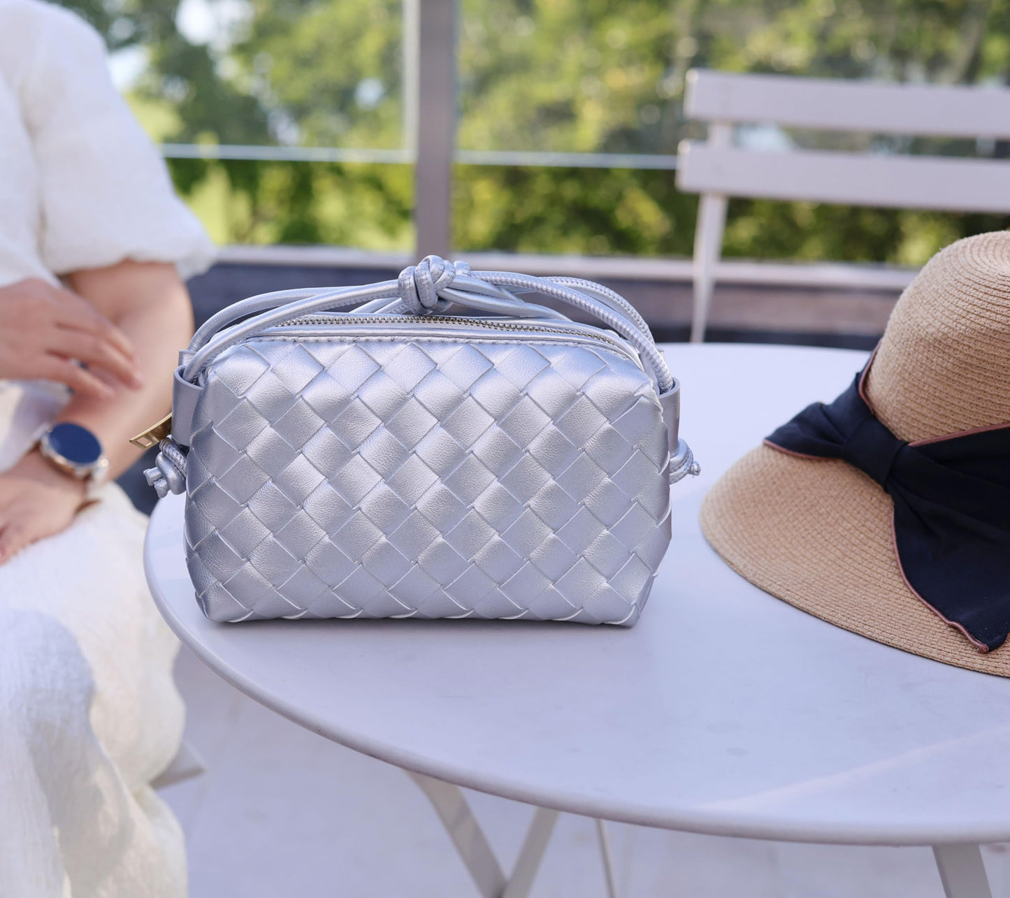SOHGJADB Woven Purse For Women Handmade Woven Evening Bag Pu Leather Wallet Fashion Crossbody Purse (Silver)