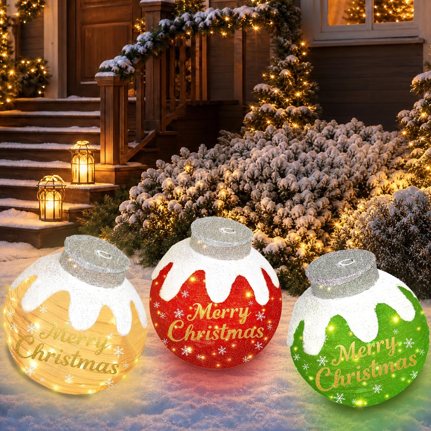 Outdoor Christmas Ball Ornaments, Collapsible Pop-Up Lighted Christmas Decorations with 80 Bright LED Lights, 8 Light Modes, Weatherproof Large Holiday Ball Decor for Yard, Lawn, Home（Red/Green/Beige）