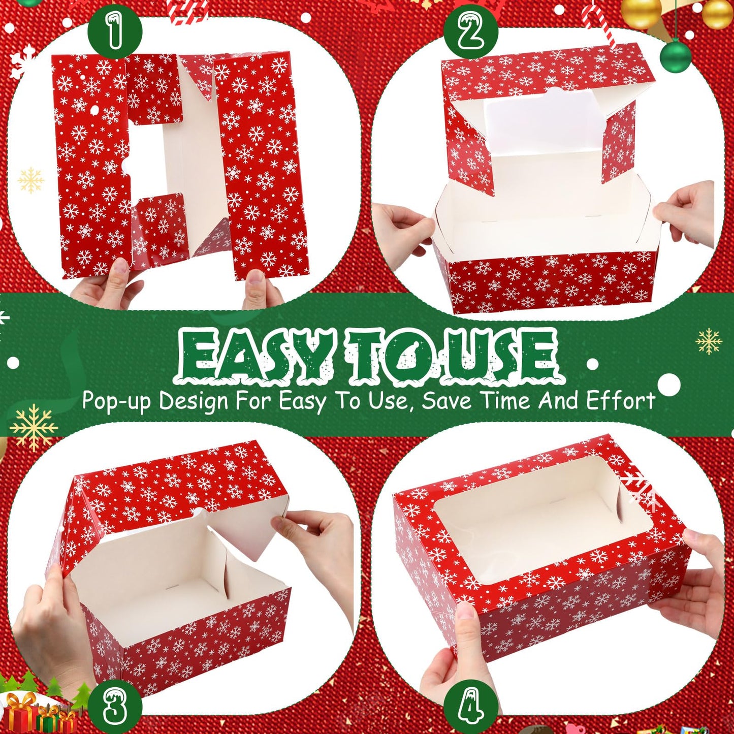 Glenmal 24 Pcs Christmas Cookie Boxes with Window 9 x 6 x 3 Inch Red Green Xmas Snowflakes Bakery Treat Container with Tag String for Holiday Gift Giving Pastries Candy Cupcake Dessert Party Supplies